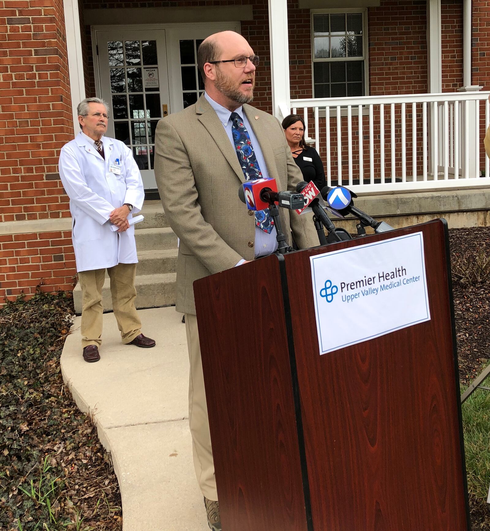 Miami County Health Commissioner Dennis Propes speaks during a news conference on Friday March 20, 2020 an outbreak of coronavirus at the Koester Pavilion skilled nursing facility in Troy. LYNN HULSEY/staff