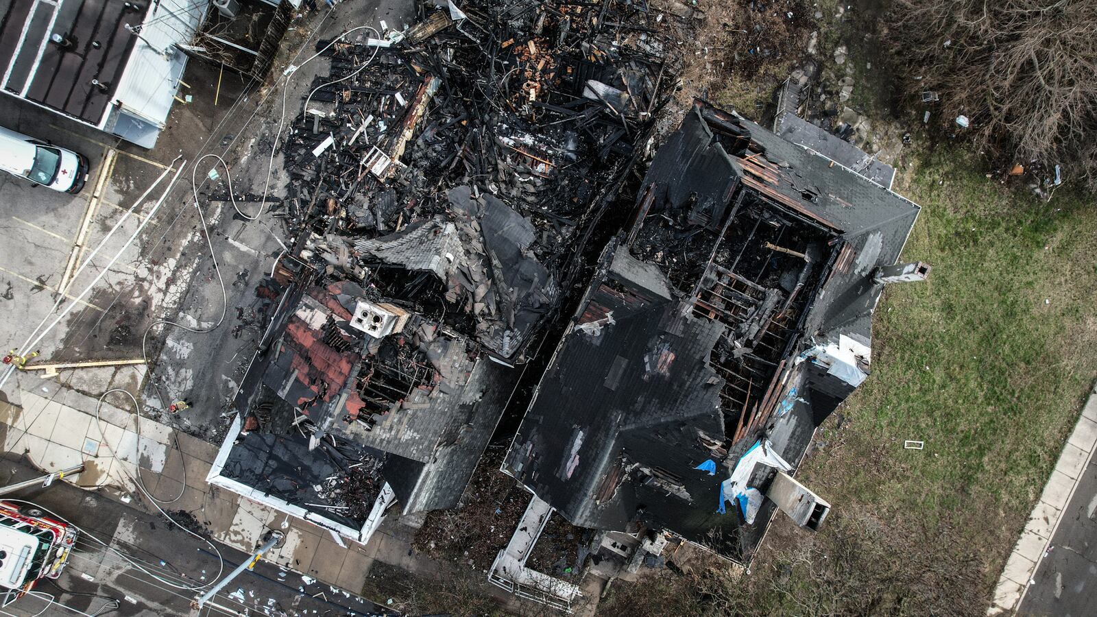 The bodies of five people were discovered in heavy debris in the aftermath of a large fire Wednesday morning, March 8, 2023, at a vacant house in the 500 block of North Broadway Street in Dayton. Crews ordered emergency demolition of two houses destroyed in the fire. A third house was damaged in the massive blaze. JIM NOELKER/STAFF