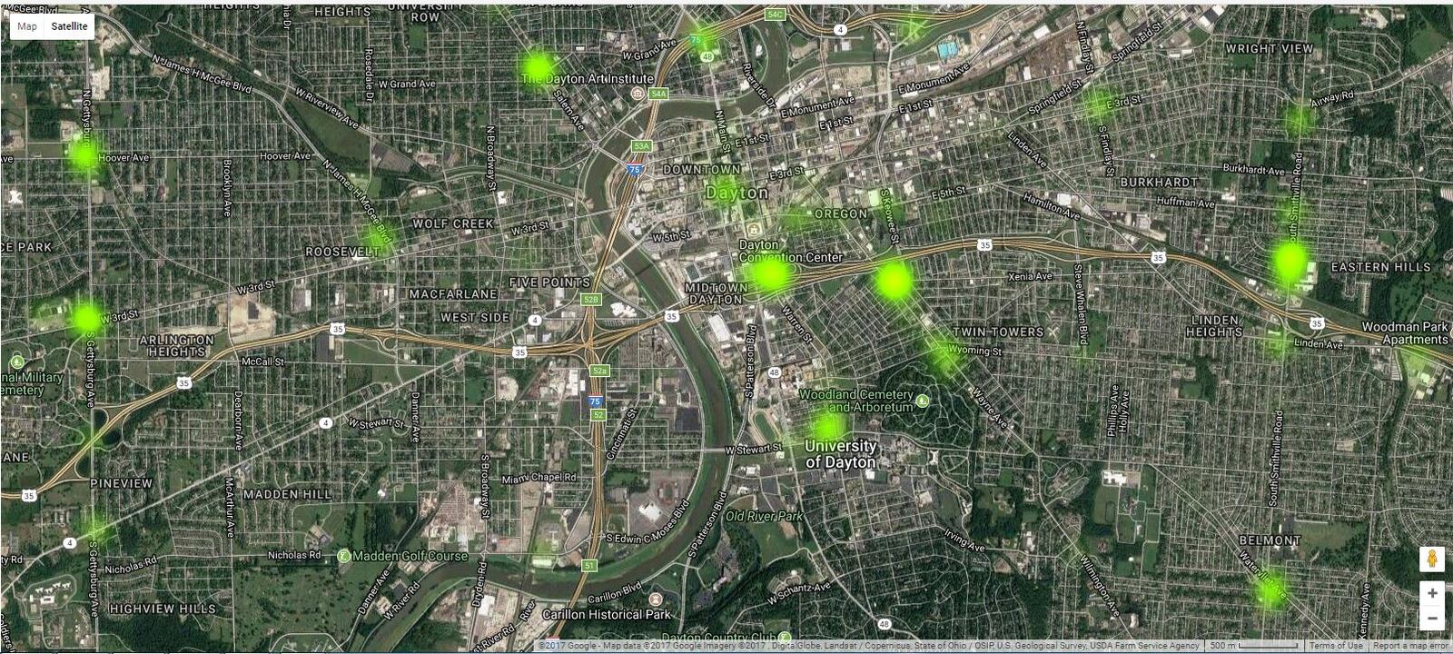 Heat map showing areas in Dayton with most police complaints about panhandling