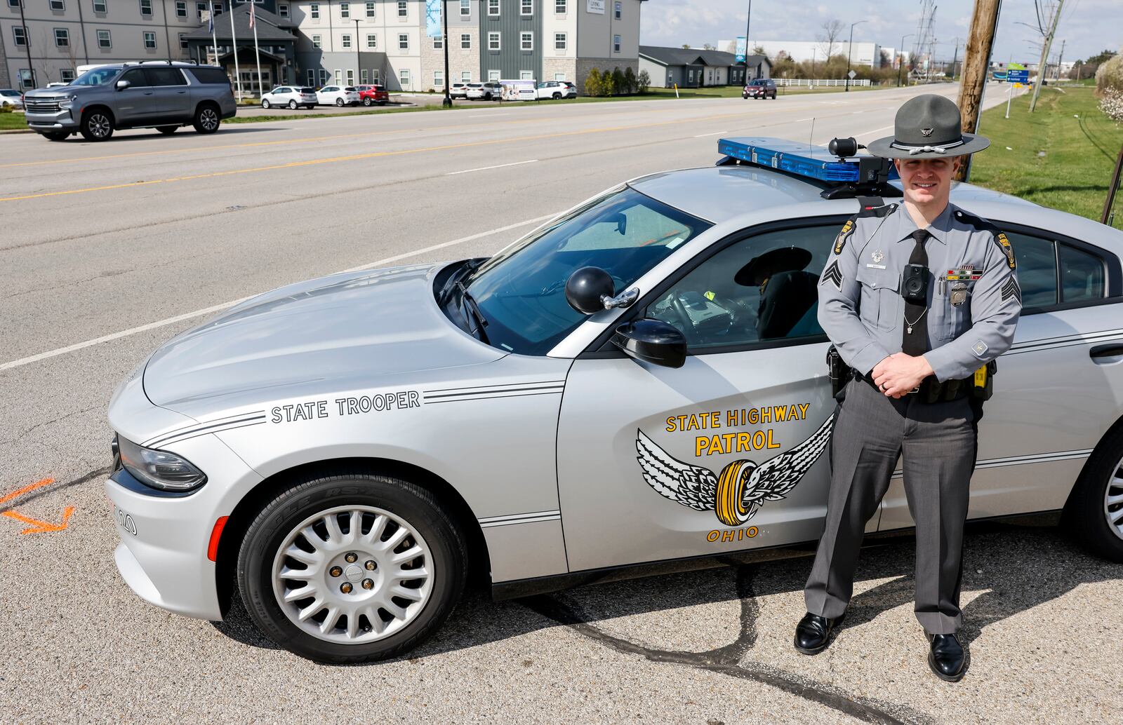 Ohio State Highway Patrol Sgt. Tyler Ross explained the new distracted driving law that goes into effect Tuesday, April 4, 2023. There will be a 6-month warning phase before troopers can start writing tickets for distracted driving as a main offense. NICK GRAHAM/STAFF