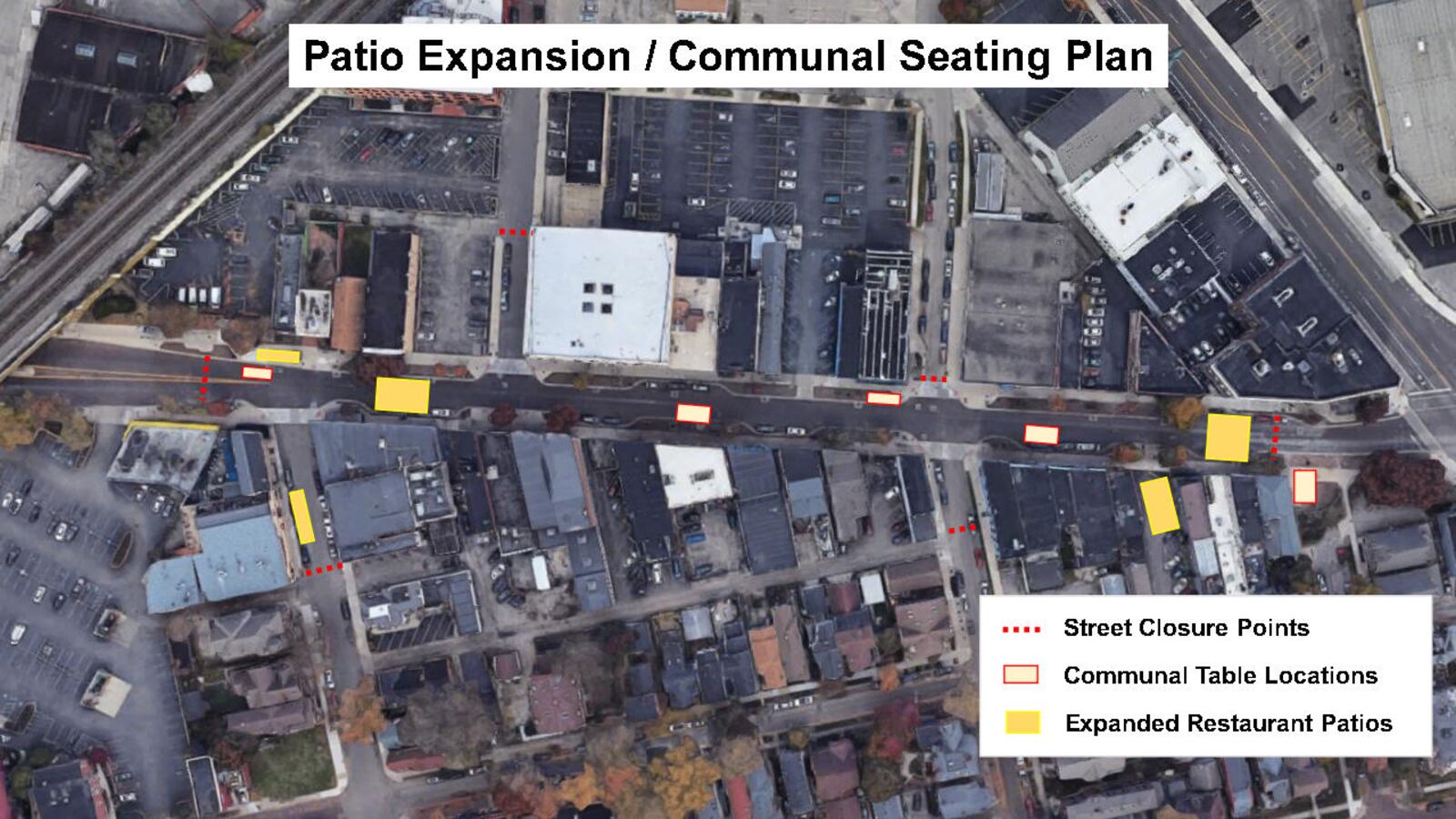 The plan for outdoor seating and patio expansions when Fifth Street closes to vehicular traffic. CONTRIBUTED