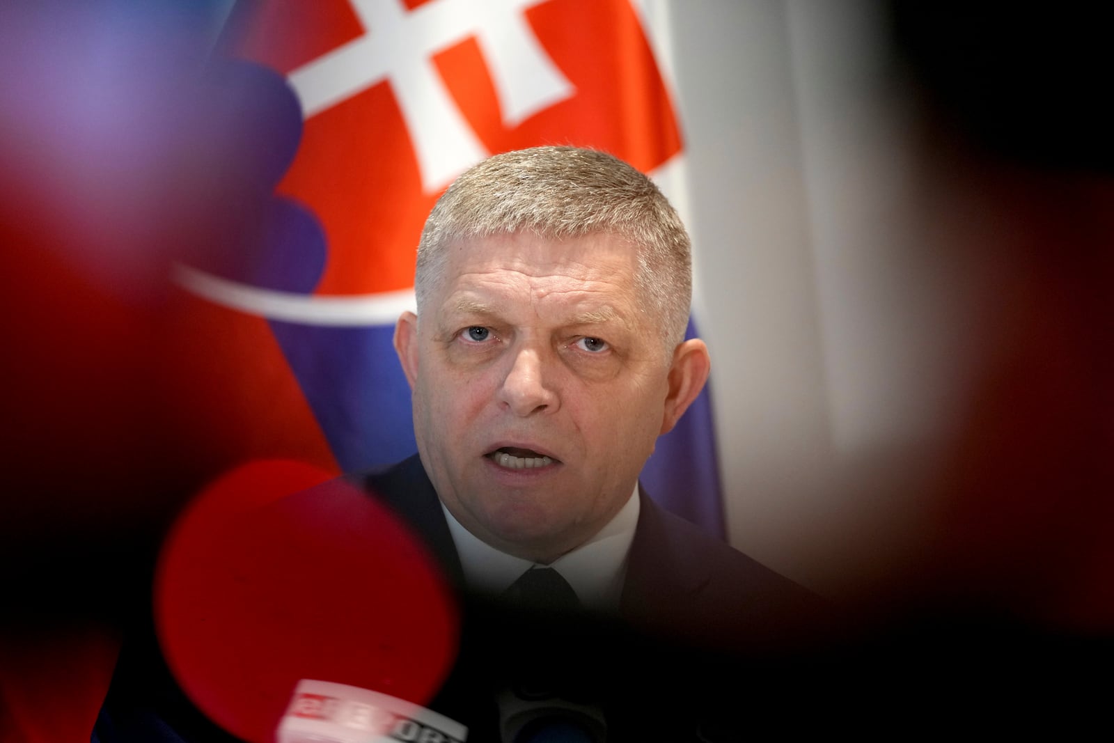 Slovakian Prime Minister Robert Fico speaks during a media conference, regarding Ukraine's decision to halt Russian gas supplies to Europe, at the Slovakian Representation in Brussels, Thursday, Jan. 9, 2025. (AP Photo/Virginia Mayo)