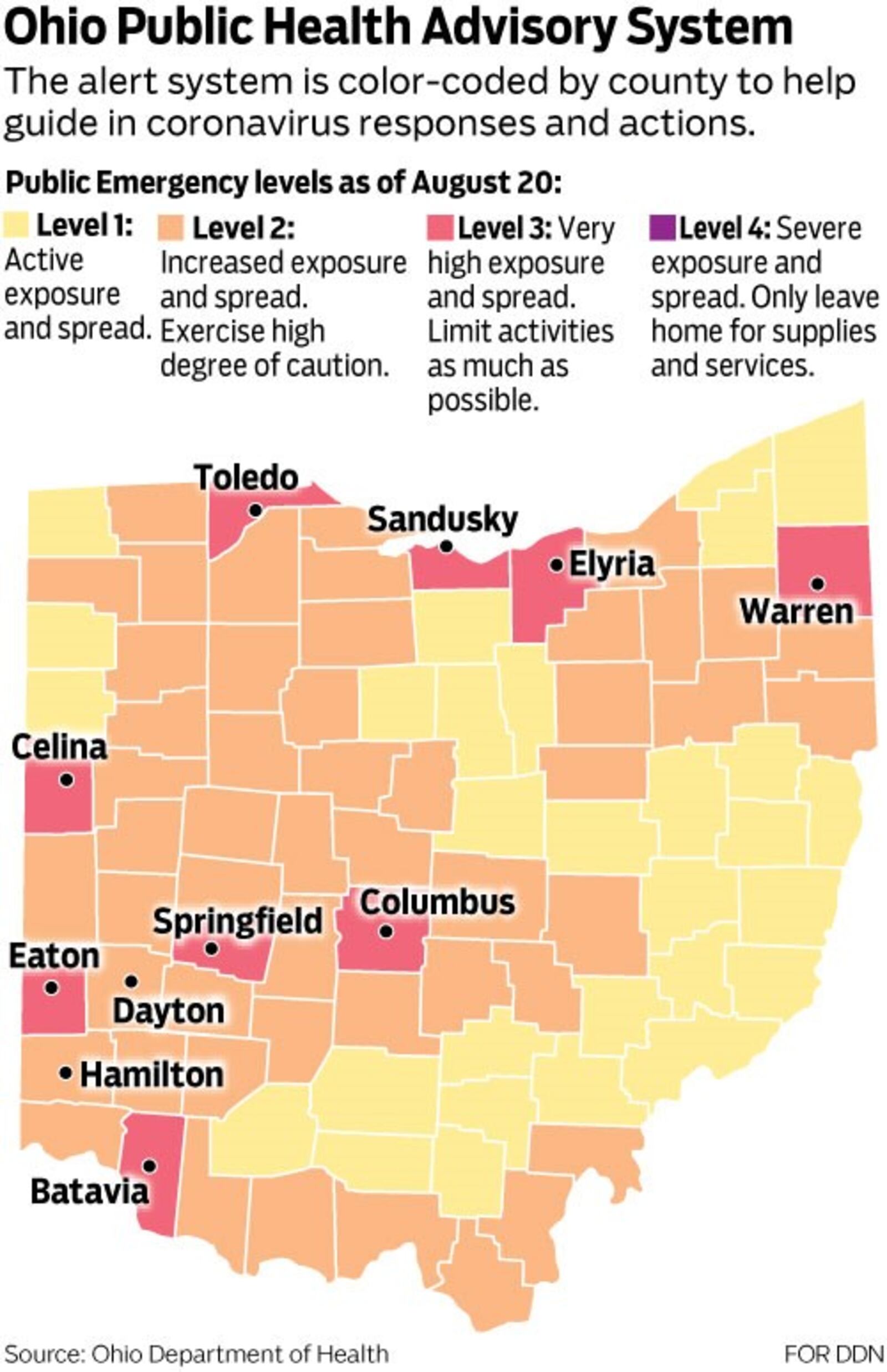 The advisory map is updated every Thursday. This is the latest data as of Aug. 20 from coronavirus.ohio.gov.