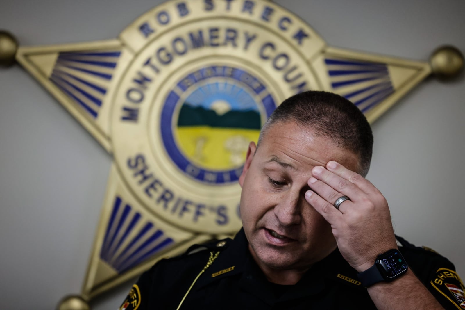 Montgomery County Sheriff Rob Streck speaks during a media briefing Tuesday, May 21, 2024, about a pursuit that involved a fatality when the woman driving the suspect vehicle crashed into a BMW the previous evening at U.S. 35 near Drexel. JIM NOELKER/STAFF