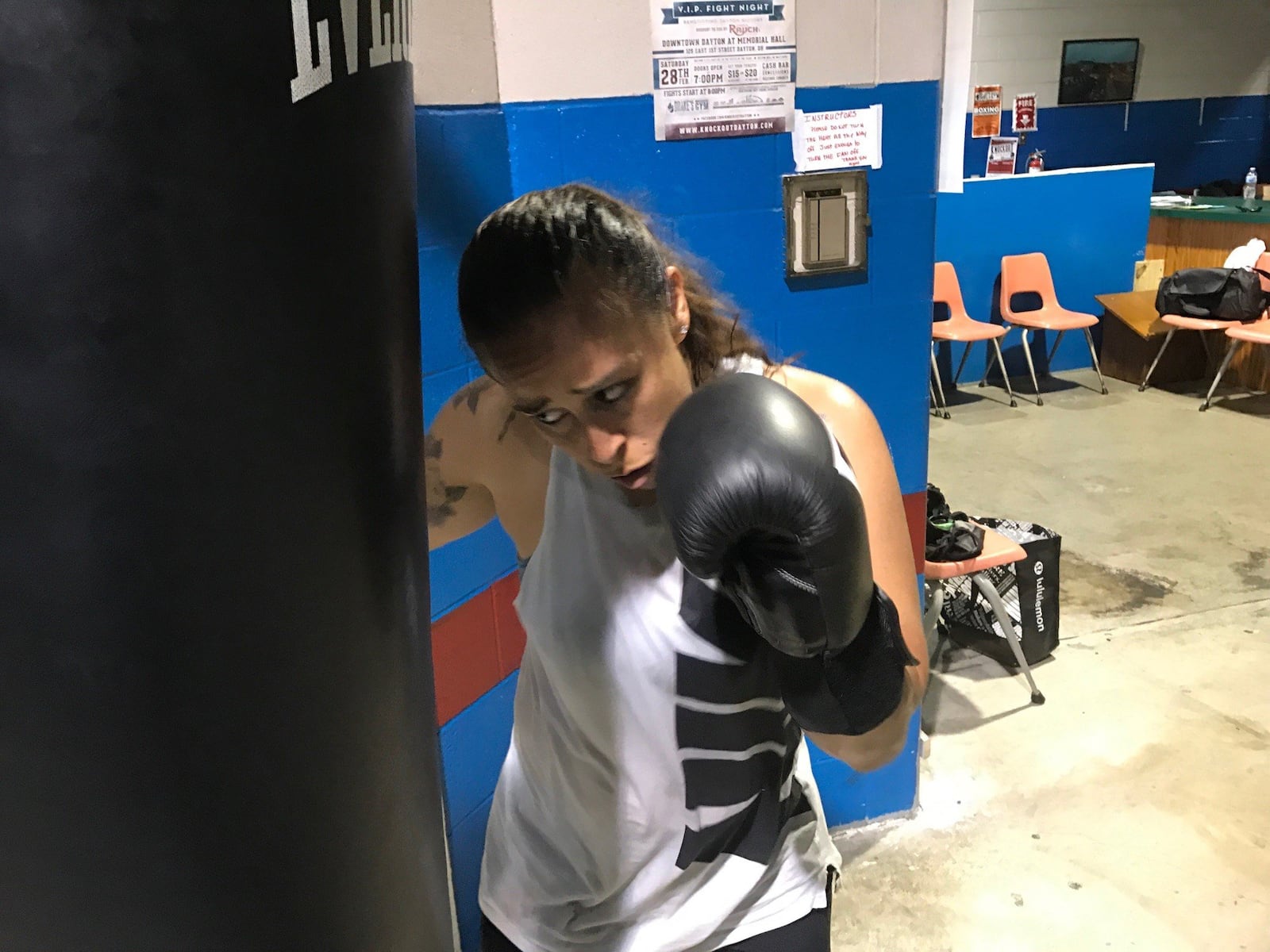 U.S. Air Force Airman 1st Class Jasmine Aldana, a former college soccer standout stationed at WPAFB, works out in Drake’s Downton Gym one night this week. She s fighting in one of the featured bouts Saturday night at the big Ale Beast charity boxing show outside Drake’s gym on E. Fifth Street next to the Oregon District. Tom Archdeacon/CONTRIBUTED