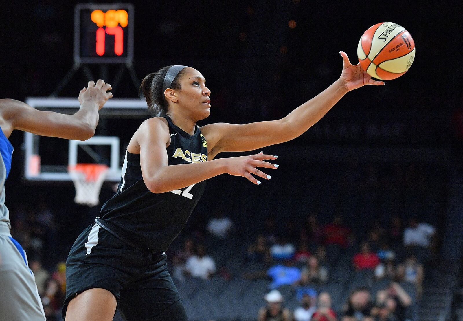 LAS VEGAS, NV - JUNE 24: A’ja Wilson #22 of the Las Vegas Aces catches a pass against the Minnesota Lynx during their game at the Mandalay Bay Events Center on June 24, 2018 in Las Vegas, Nevada. The Lynx won 88-73. NOTE TO USER: User expressly acknowledges and agrees that, by downloading and or using this photograph, User is consenting to the terms and conditions of the Getty Images License Agreement. (Photo by Sam Wasson/Getty Images)