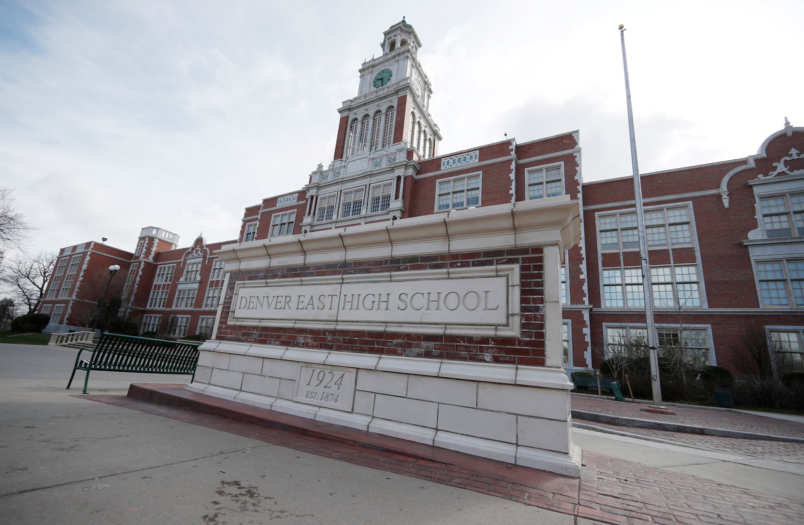 FILE — This April 17, 2019 file photo shows Denver East High School in Denver. (AP Photo/David Zalubowski, File)