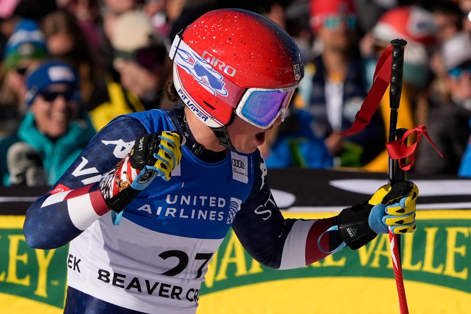 United States' Lauren Macuga reacts after competing in the women's World Cup downhill skiing race, Saturday, Dec. 14, 2024, in Beaver Creek, Colo. (AP Photo/Robert F. Bukaty)