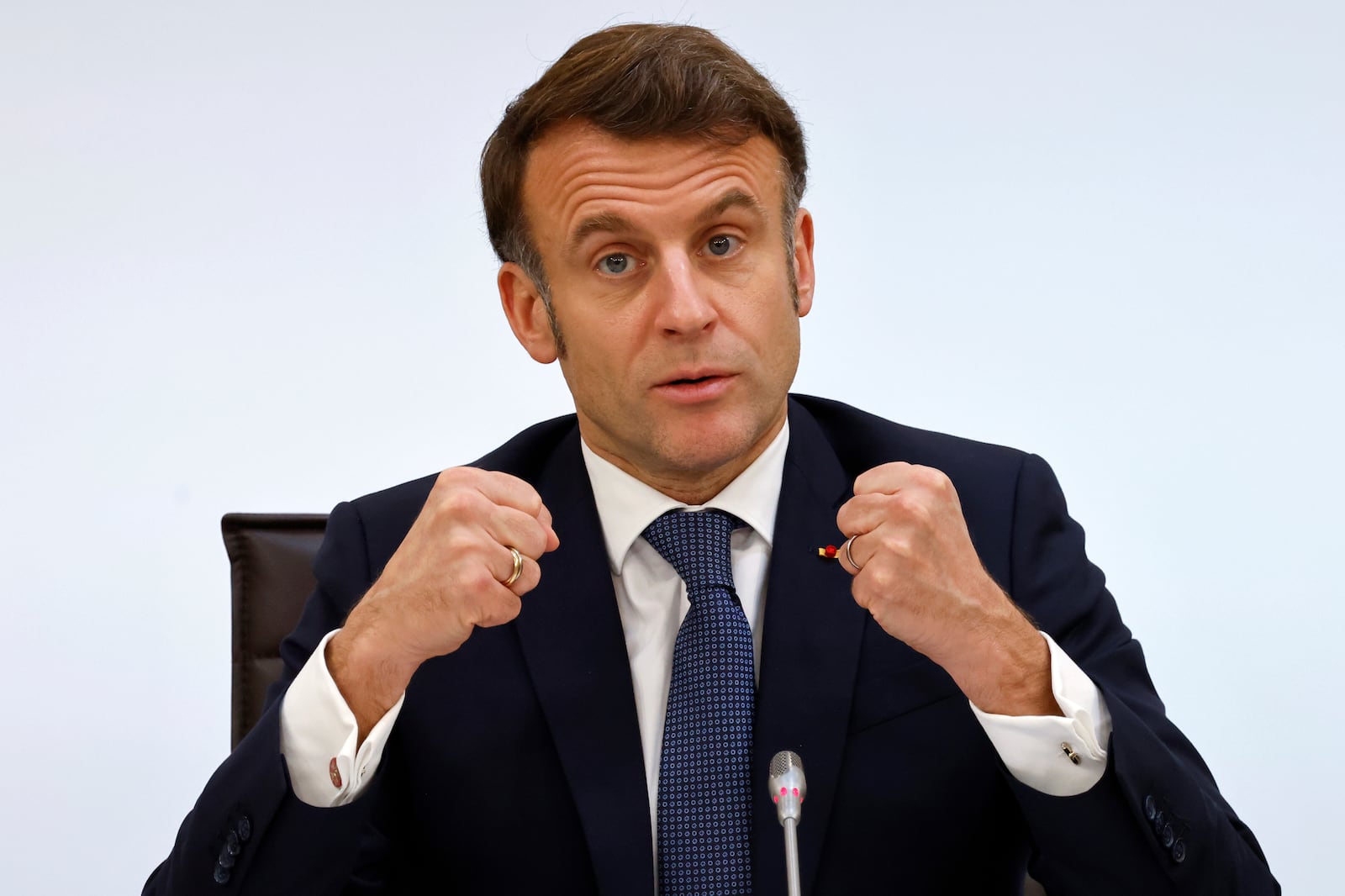 France's President Emmanuel Macron gestures as he delivers a speech during the International Conference on Syria at the Ministerial Conference Center, in Paris, France, Thursday, Feb. 13, 2025. (Ludovic Marin, Pool Photo via AP)