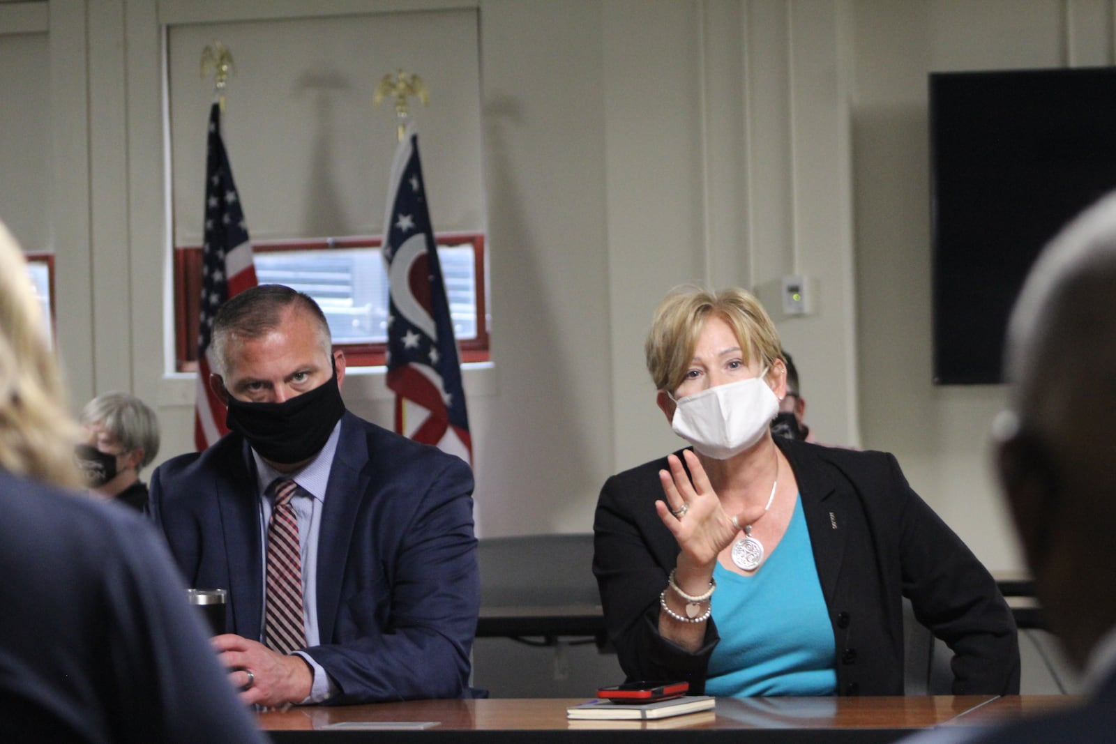 Dayton City Manager Shelley Dickstein and Deputy City Manager Joe Parlette at an economic development meeting earlier this month. CORNELIUS FROLIK / STAFF