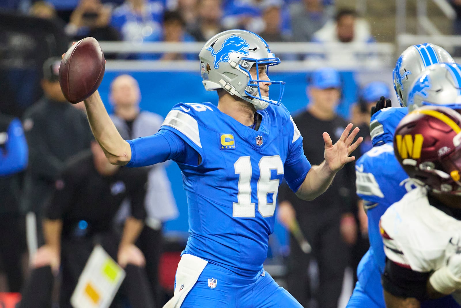 FILE - Detroit Lions quarterback Jared Goff (16) passes against the Washington Commanders during an NFL football divisional playoff game, Saturday, Jan. 18, 2025, in Detroit. (AP Photo/Rick Osentoski, File)