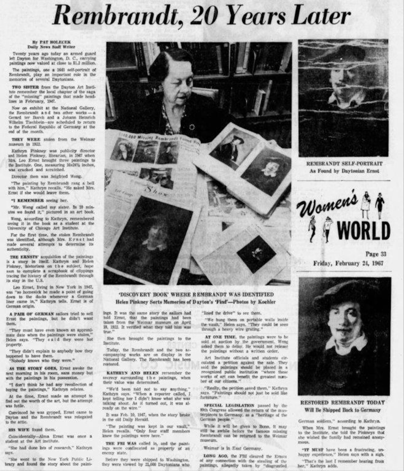 The Dayton Daily News front page from Feb. 24, 1967, with a story about a stolen Rembrandt and two other paintings were seized by federal agents in Dayton in 1947. Dayton resident Leo Ernst had bought the paintings years before and said he thought they were fakes.