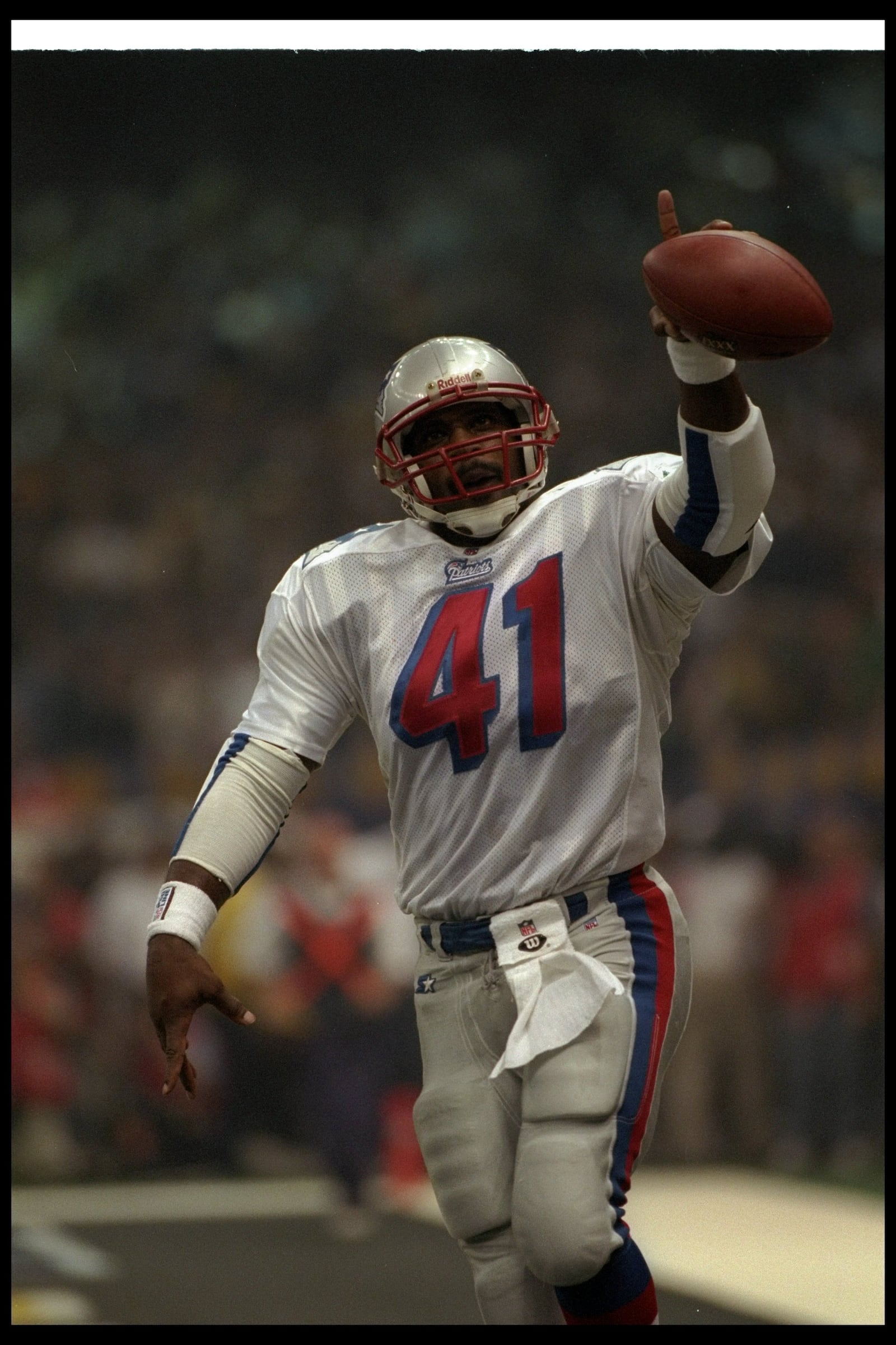 26 Jan 1997: Running back Keith Byars of the New England Patriots celebrates after scoring a touchdown during Super Bowl XXXI against the Green Bay Packers at the Superdome in New Orleans, Louisiana. The Packers won the game, 35-21.