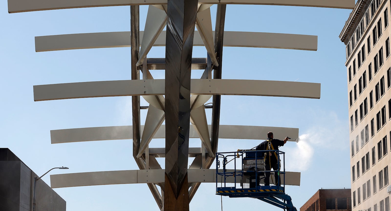 The Restoration of Wright Brothers Flyover Sculpture/Site on Main Street in downtown Dayton is underway. Phase 1 for 2024 includes general cleaning of the sculpture, replacing the current, non-operable lighting to LED fixtures, adding a landscape plan and repair/replace irrigation system for long-term care, and install new plaques that tell the history and feature the project partners/sponsors. MARSHALL GORBY\STAFF
 

 
