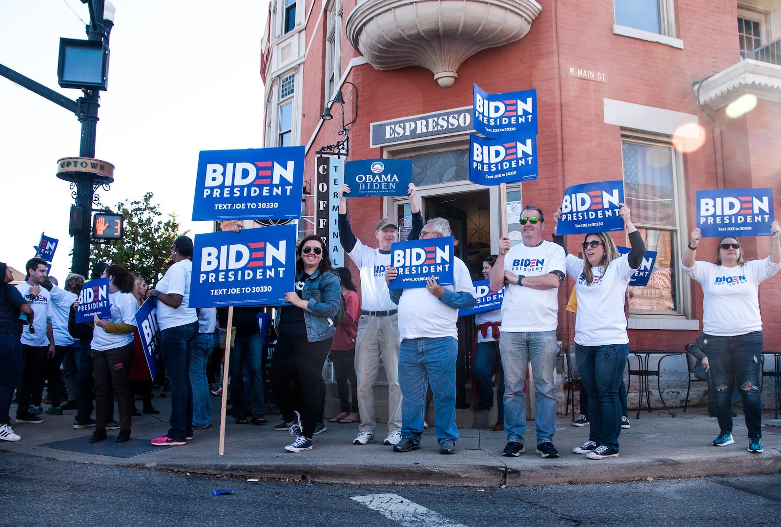 Joe Biden supporters in Westerville, Ohio Tuesday night before the Democratic presidential debate. Photo by Whitney Saleski.