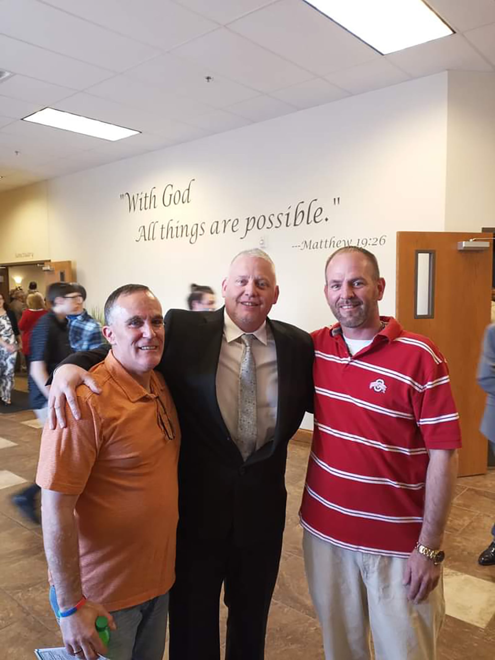 Michael Wise, center, with friends Benji Sorg, left, and Eric Pferman, right, on his wedding day on Nov. 28, 2020 at Lighthouse Baptist Church. CONTRIBUTED