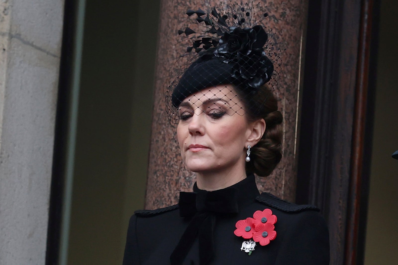 Britain's Kate, Princess of Wales, stands on a balcony during the National Service of Remembrance at The Cenotaph in London, England, Sunday, Nov. 10, 2024. (Photo by Chris Jackson/Pool Photo via AP)