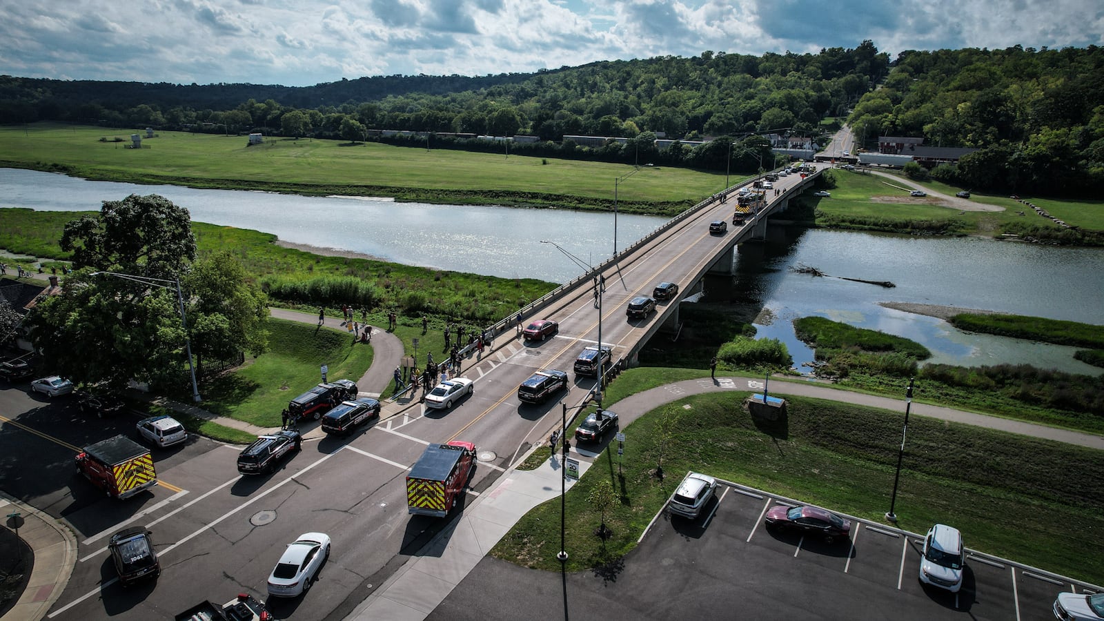 The Linden Avenue bridge was shut down in downtown Miamisburg and schools were temporarily locked down during police activity Friday afternoon, Aug. 16, 2024. JIM NOELKER/STAFF