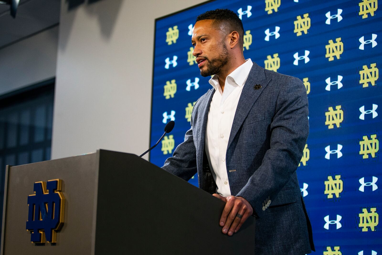 FILE - Notre Dame head football coach Marcus Freeman speaks during a media availability on Feb. 16, 2022, at Notre Dame Stadium in South Bend, Ind. New Notre Dame coach Freeman and quarterback Tyler Buchner are chasing history. It's been nearly 60 years since a first-year coach and a new starting quarterback joined forces to nearly win a national championship. (Michael Caterina/South Bend Tribune via AP, File)