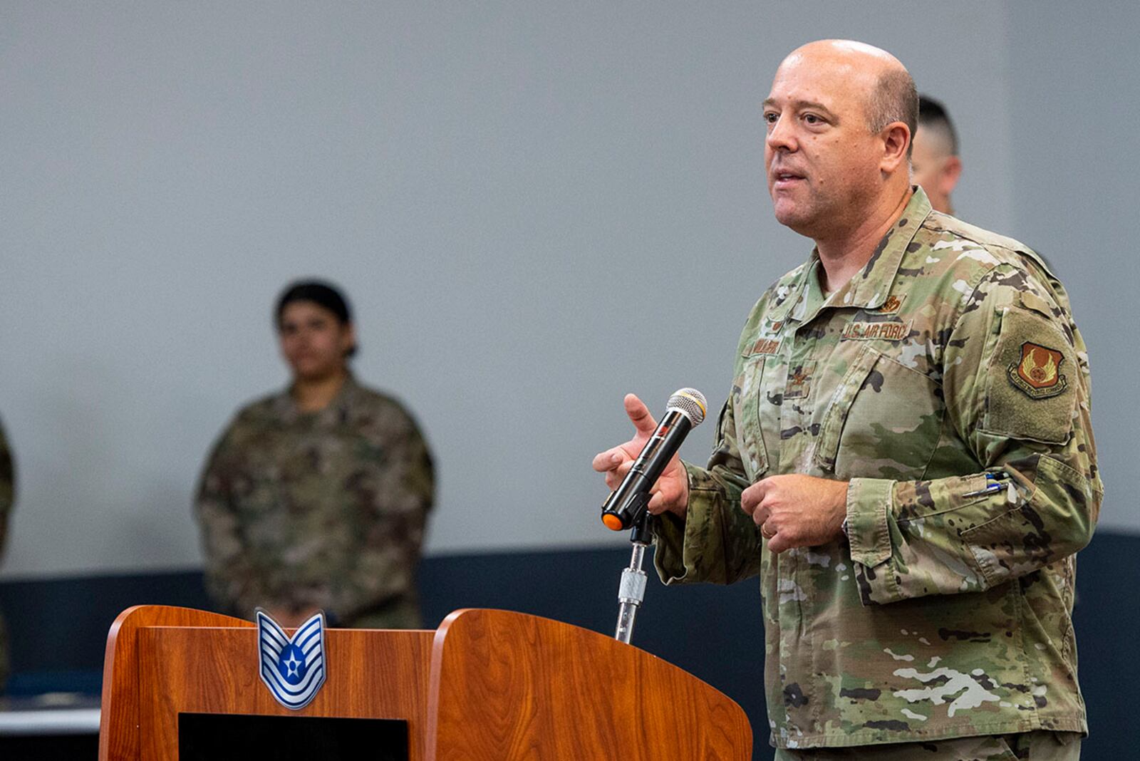 Col. Patrick Miller, 88th Air Base Wing and installation commander, provides closing remarks June 30 during the 2021 Technical Sergeant Release Party inside the Hope Hotel near Wright-Patterson Air Force Base. U.S. AIR FORCE PHOTO/WESLEY FARNSWORTH