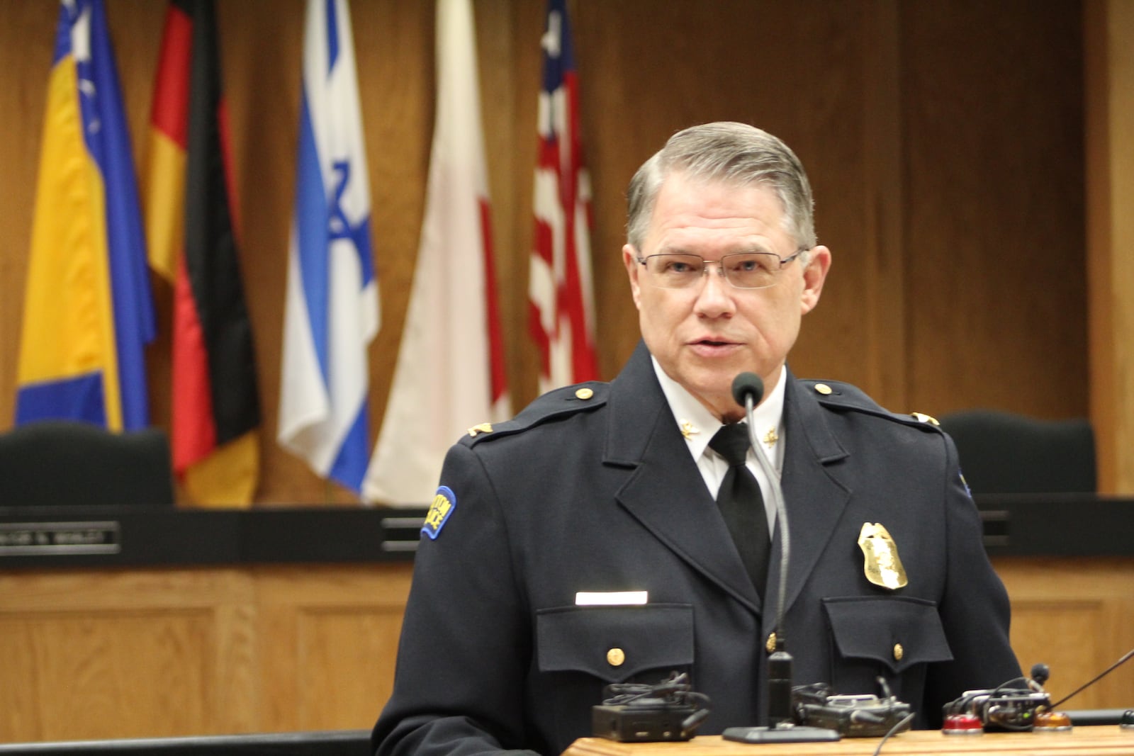 Dayton police Chief Richard Biehl discusses crime trends at the police promotion ceremony. CORNELIUS FROLIK / STAFF