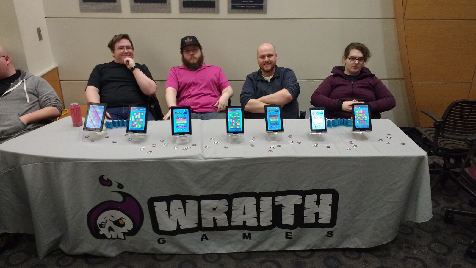 (L-R) Jay Kidd, Adam Brown, Wes Meyer, and Natalie Wahl. Wraith Games has been working on the puzzle app Collapsus since 2005. The game will be ready for release in a few months. Photo: Josher Lumpkin