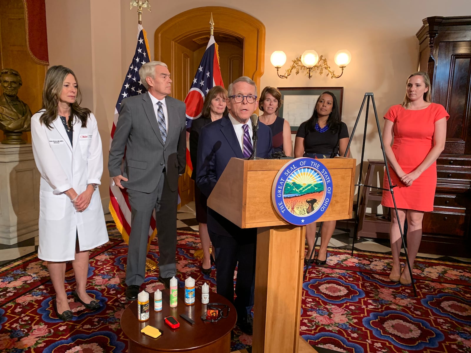 Gov. Mike DeWine announces crack down on vaping at the statehouse on Tuesday. Photo by Laura Bischoff.