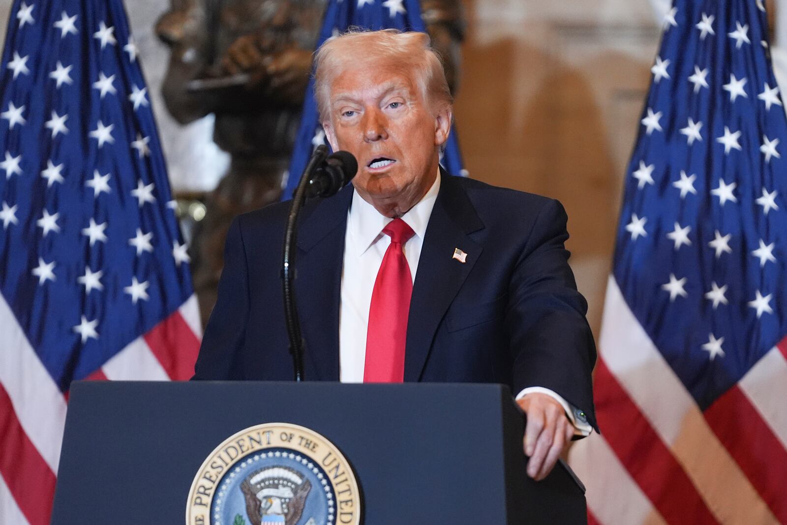 President Donald Trump attends the National Prayer Breakfast on Capitol Hill, Thursday, Feb. 6, 2025, in Washington. (AP Photo/Evan Vucci)