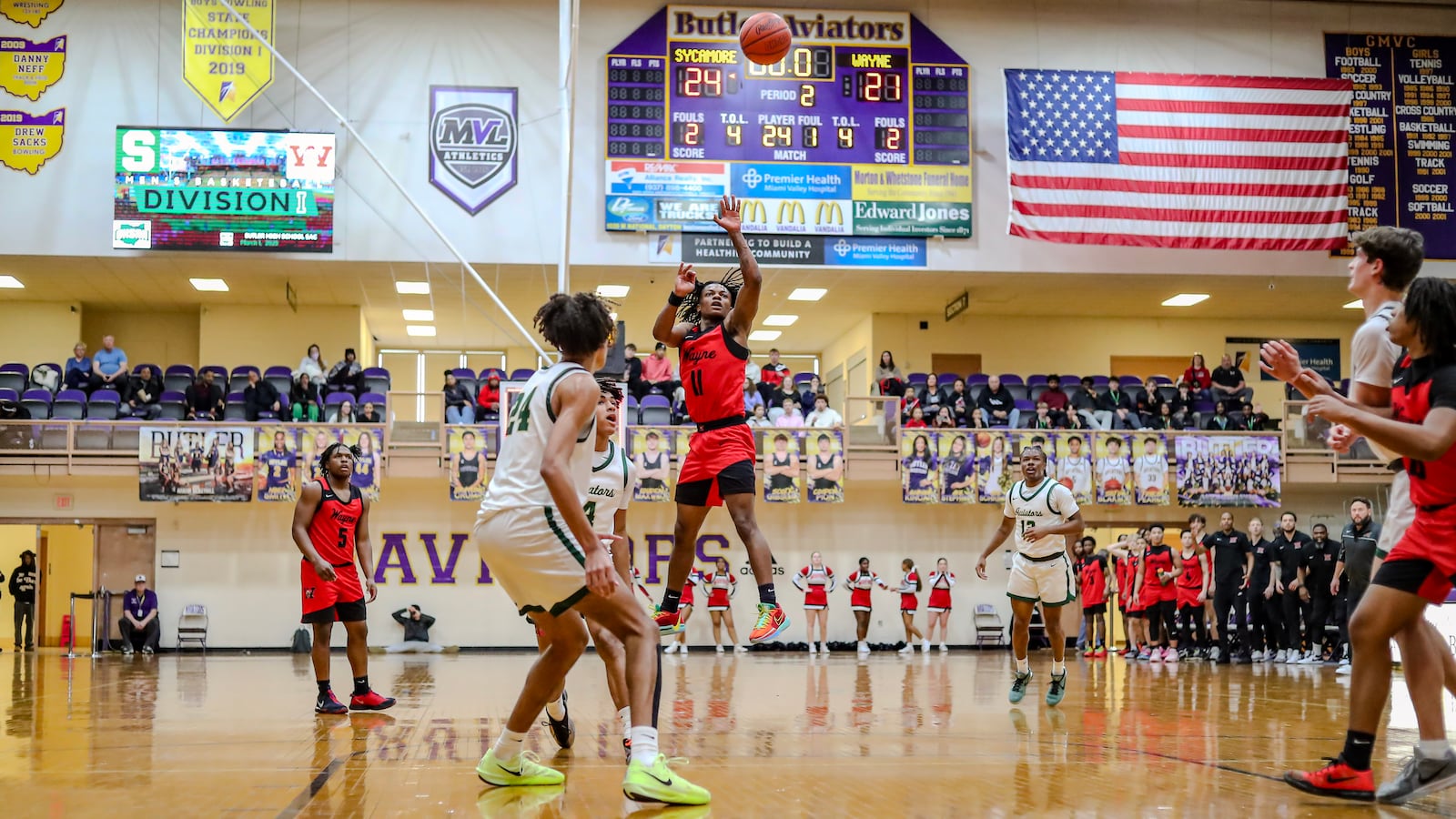 Wayne High School senior Mykell Shackleford shoots the ball during their game against Sycamore on Saturday afternoon at the Vandalia Butler Student Activities Center. MICHAEL COOPER/STAFF