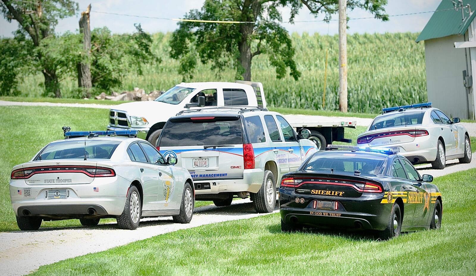 Officials are at the scene of a helicopter crash in Clark County near Interstate 70 that happened Saturday, July 29, 2023. MARSHALL GORBY/STAFF