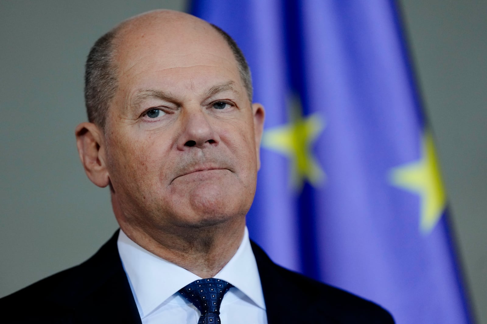 German Chancellor Olaf Scholz gives a statement at the chancellery in Berlin, Germany, Wednesday, Jan. 8, 2025. (AP Photo/Markus Schreiber)