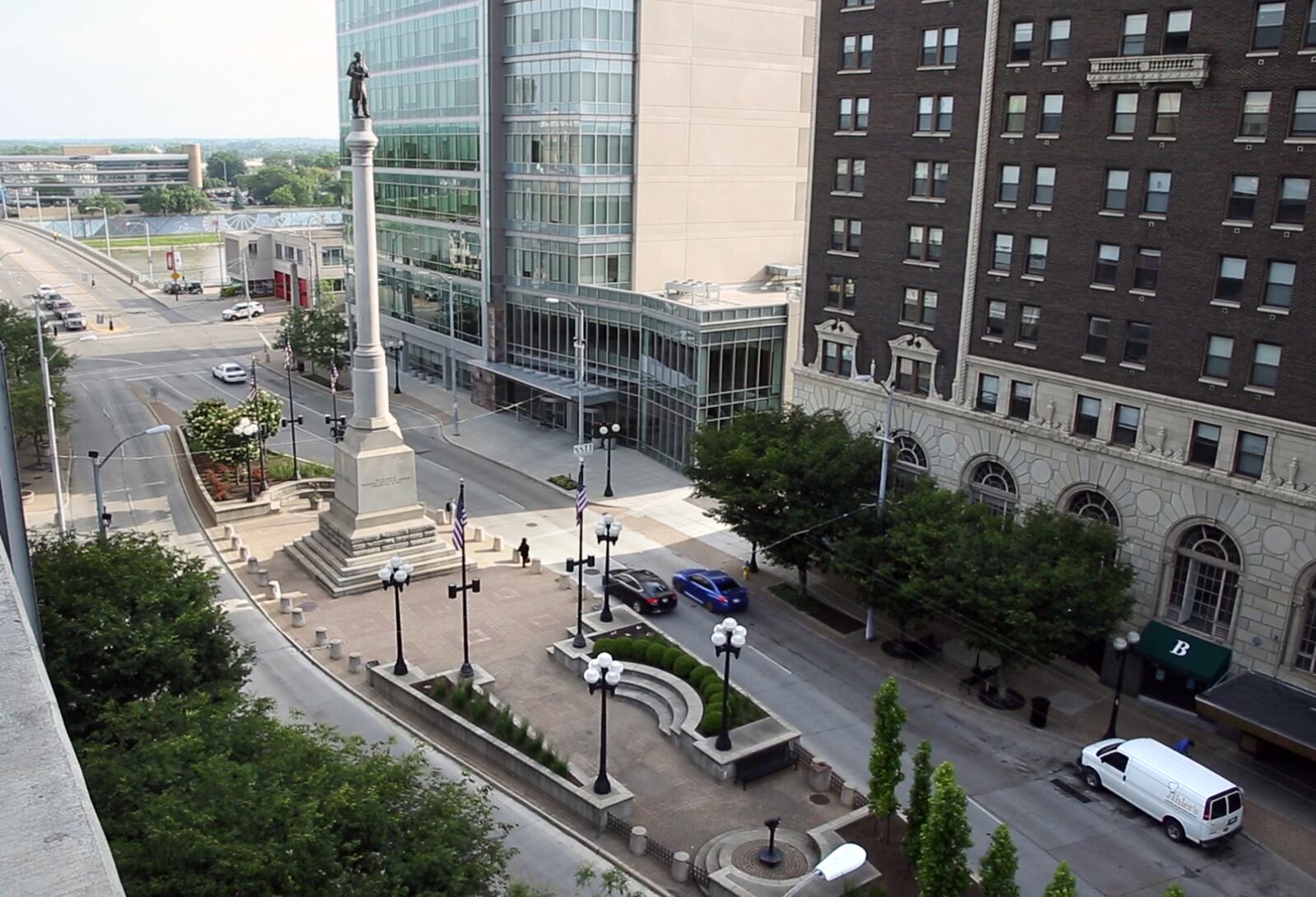 This Civil War Soldiers Monument is located on Main Street in downtown Dayton and includes a bronze reproduction of originally marble sculpted Pvt. Geroge Washington Fair.   TY GREENLEES / STAFF