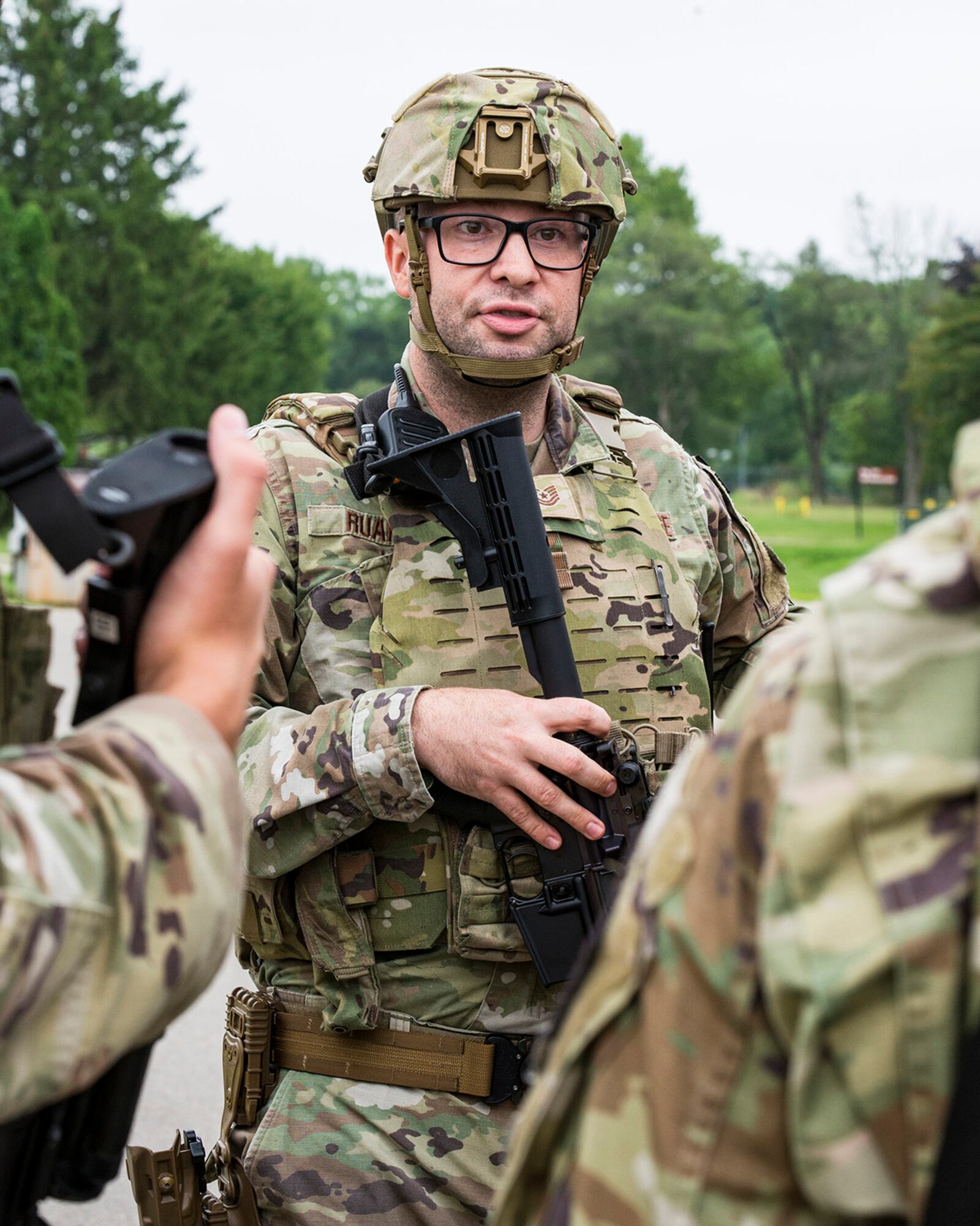 Tech. Sgt. Shane Ruark, 88th Security Forces Squadron, briefs his team during an active-shooter exercise Aug. 10 at Wright-Patterson Air Force Base. U.S. AIR FORCE PHOTO/JAIMA FOGG