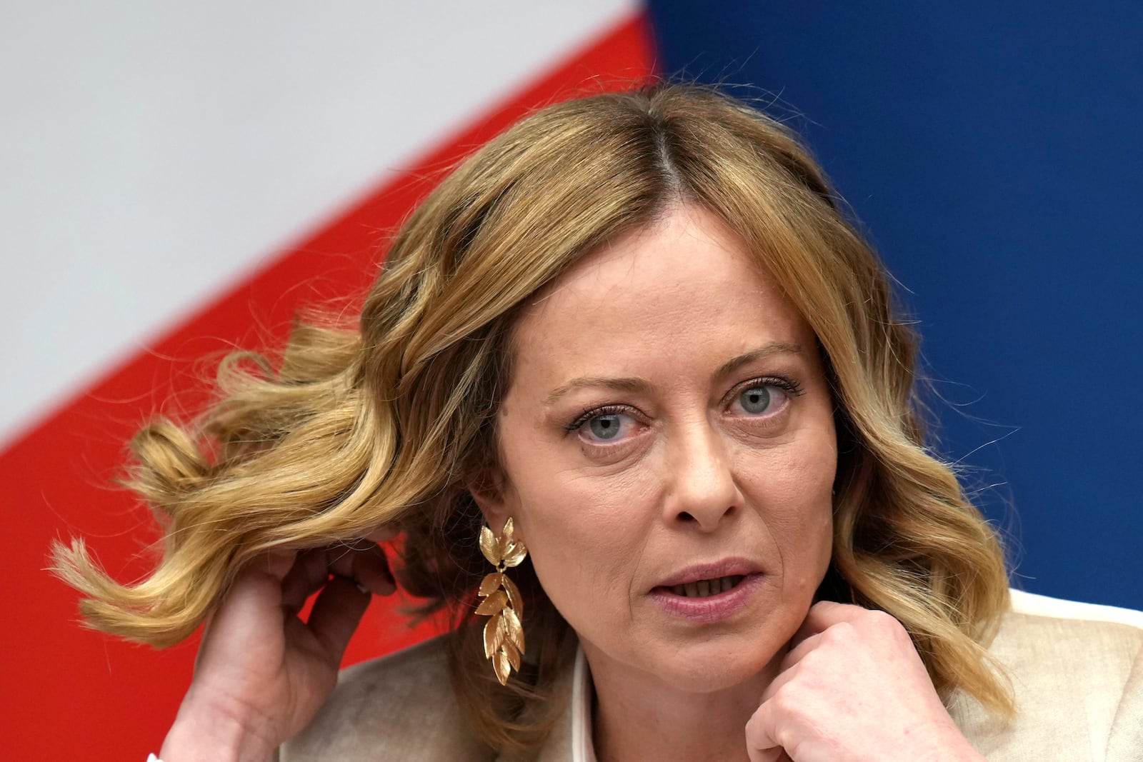 Italian Premier Giorgia Meloni holds the 2024 year-end press conference, in Rome, Thursday, Jan. 9, 2025. (AP Photo/Alessandra Tarantino)