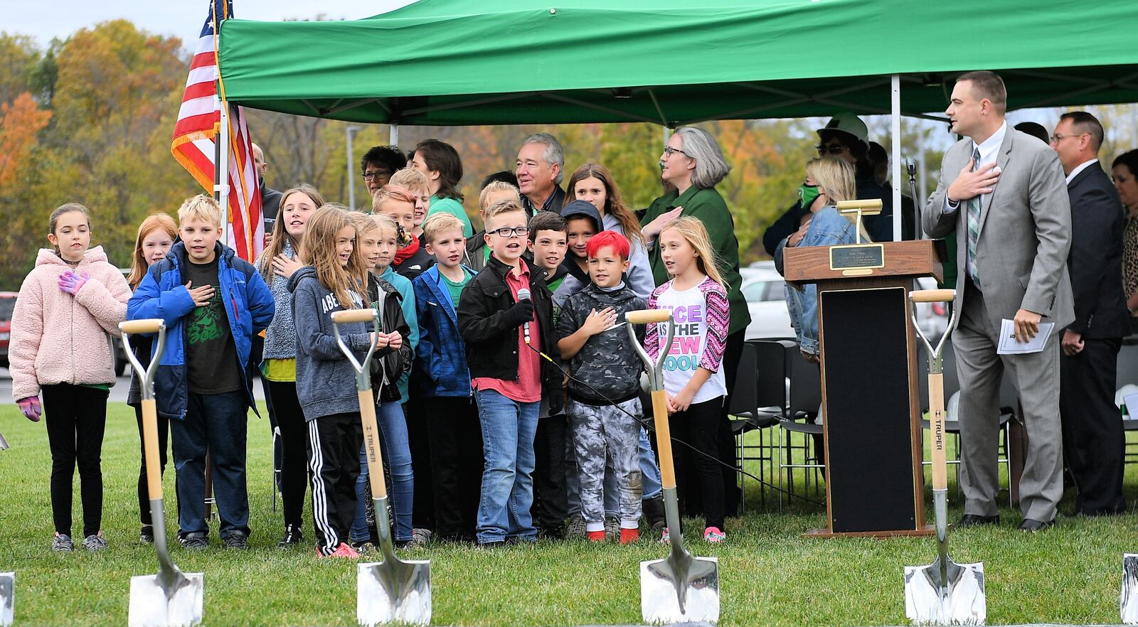 Bethel schools students say the Pledge of Allegiance during the 2021 groundbreaking for the new Bethel Elementary School in Miami County. CONTRIBUTED