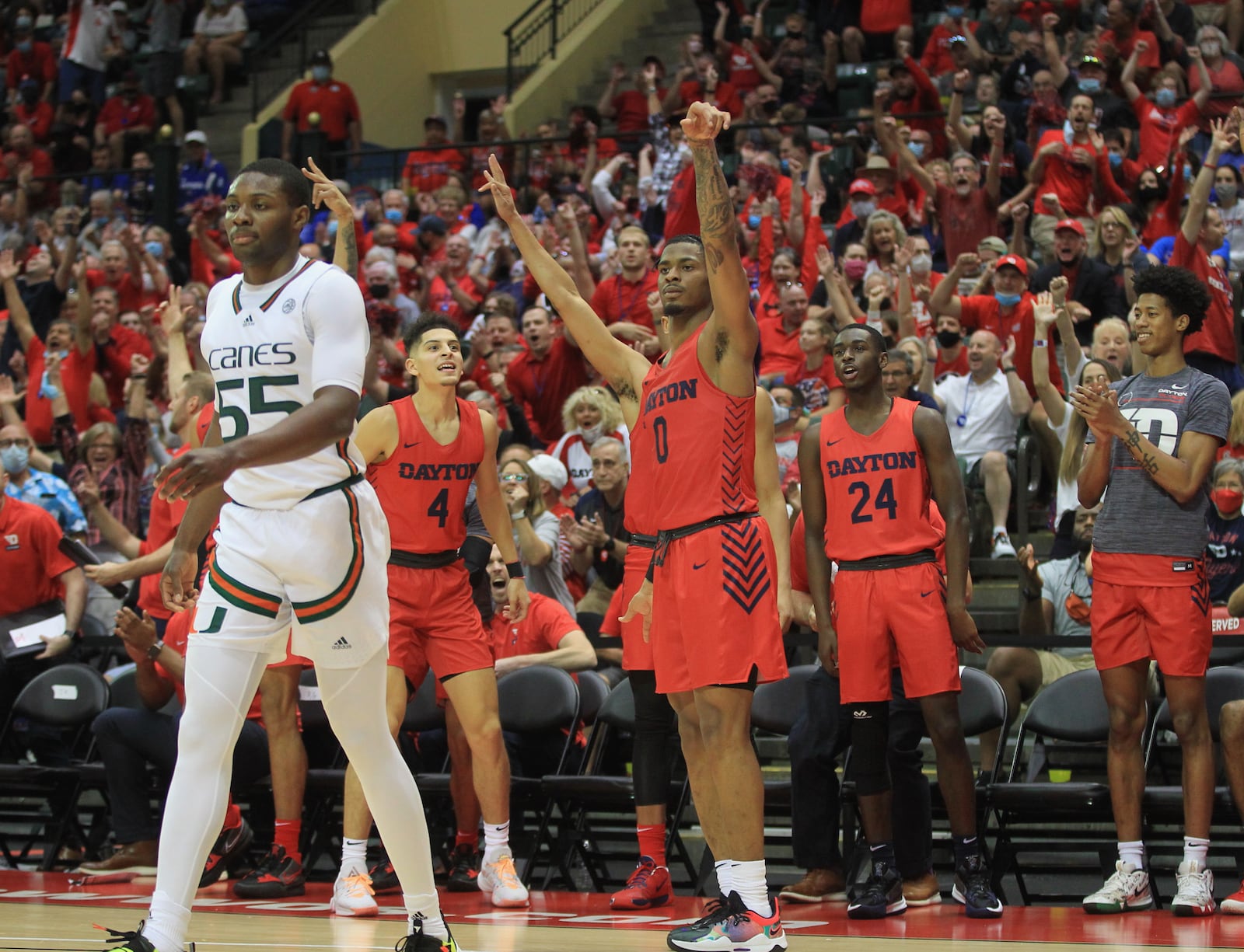 Dayton's Elijah Weaver reacts after making a 3-pointer against Miami on Thursday, Nov. 25, 2021, in the first round of the ESPN Events Invitational at the HP Fieldhouse in Kissimmee, Fla. David Jablonski/Staff