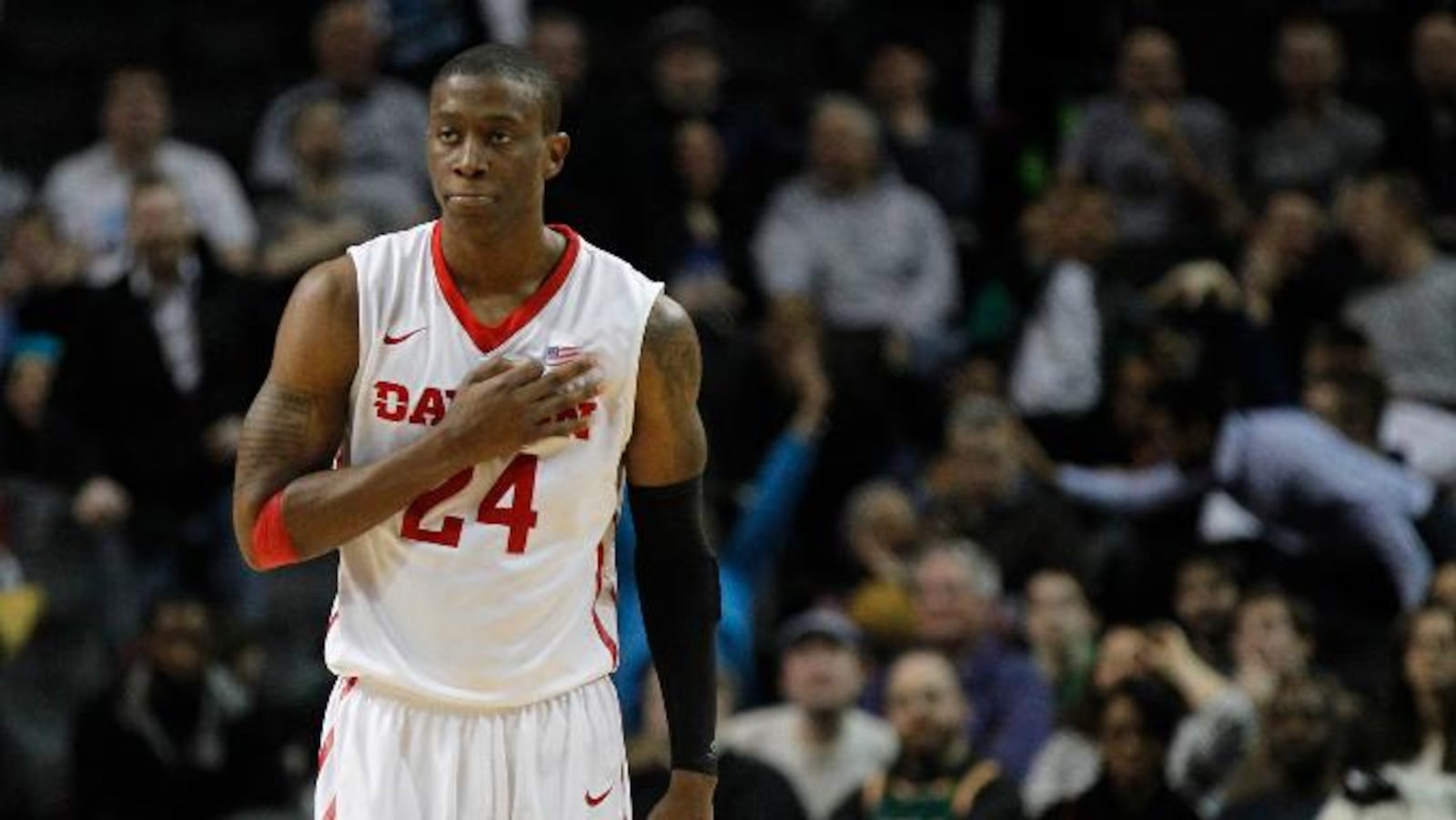 Dayton’s Jordan Sibert celebrates after hitting a go-ahead 3-pointer with 1:09 remaining against St. Bonaventure in the quarterfinals of the Atlantic 10 tournament on Friday, March 13, 2015, at the Barclays Center in Brooklyn, N.Y. David Jablonski/Staff