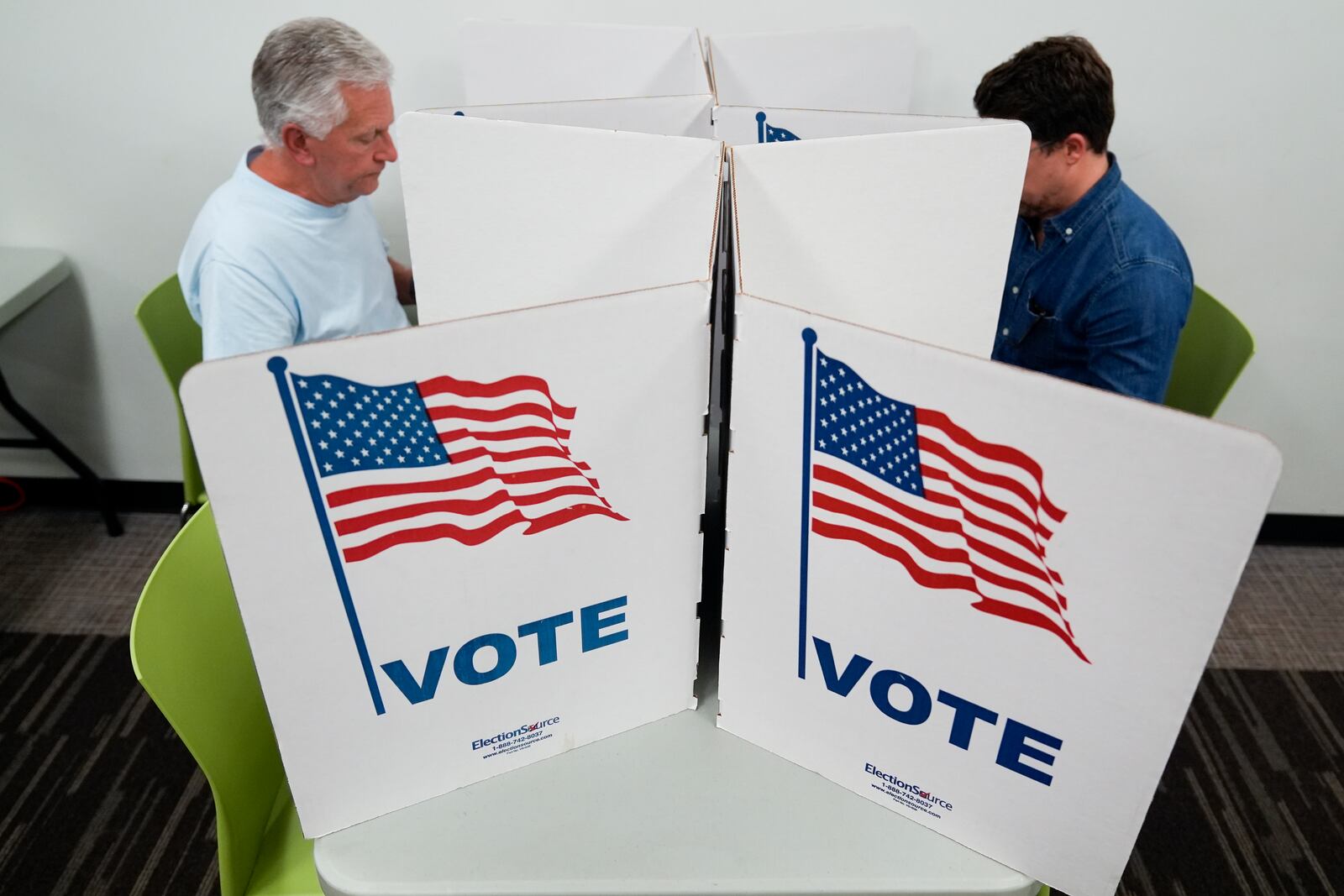 People mark their ballots at the polling place at Tysons-Pimmit Regional Library in Falls Church, Va., Thursday, Oct. 31, 2024. (AP Photo/Stephanie Scarbrough)