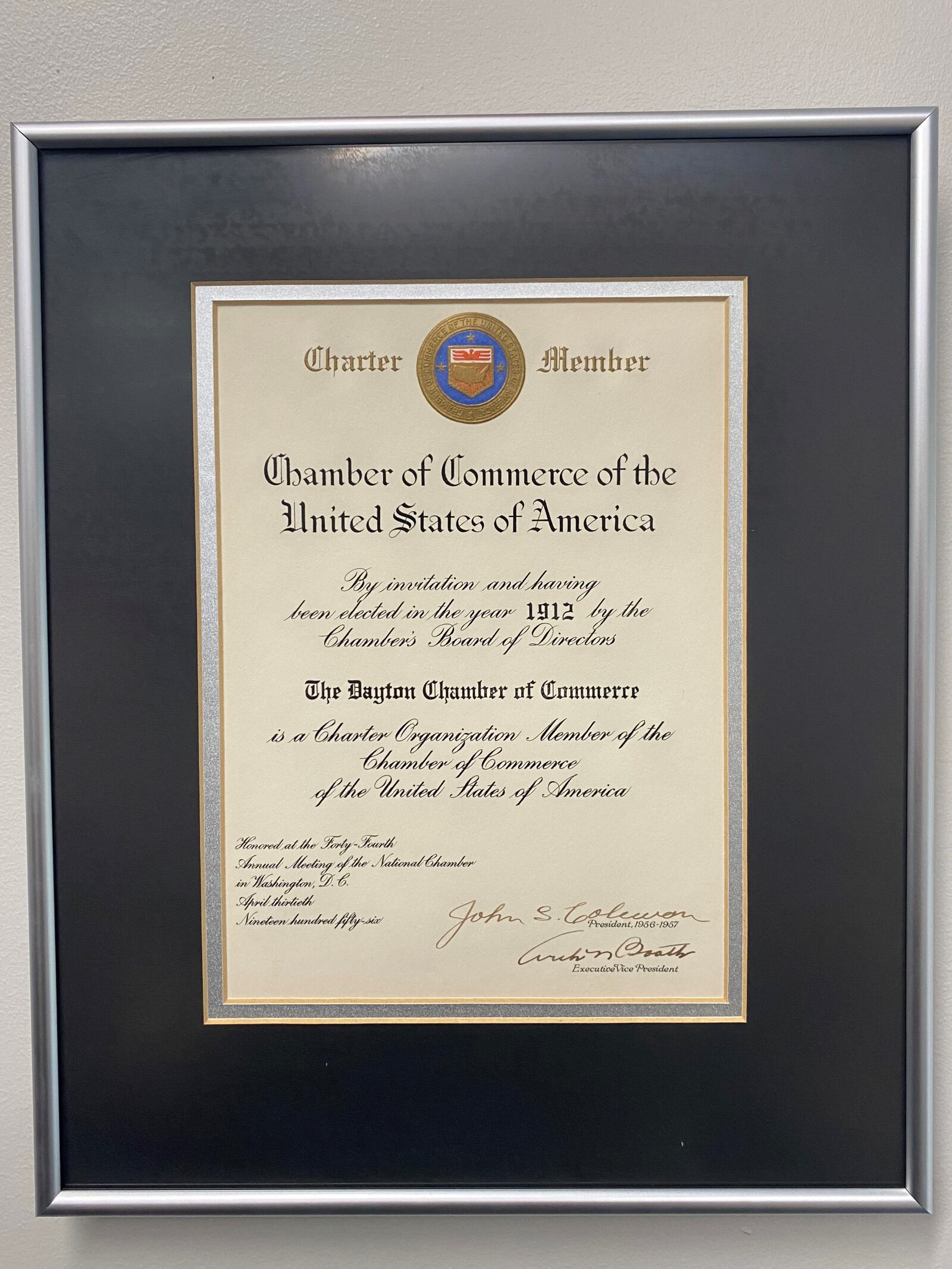 The Dayton Area Chamber’s Charter Member certificate from 1912 when the U.S. Chamber was founded.