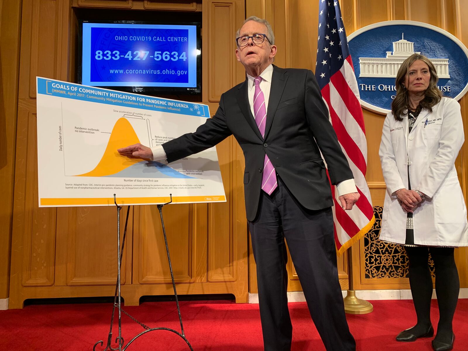 Gov. Mike DeWine said the state is at a critical time and needs to get its response correct to the international coronavirus outbreak. Standing behind DeWine in this photo is Dr. Amy Acton, director of health for the Ohio Deparmtent of Health. Laura Bischoff/Staff