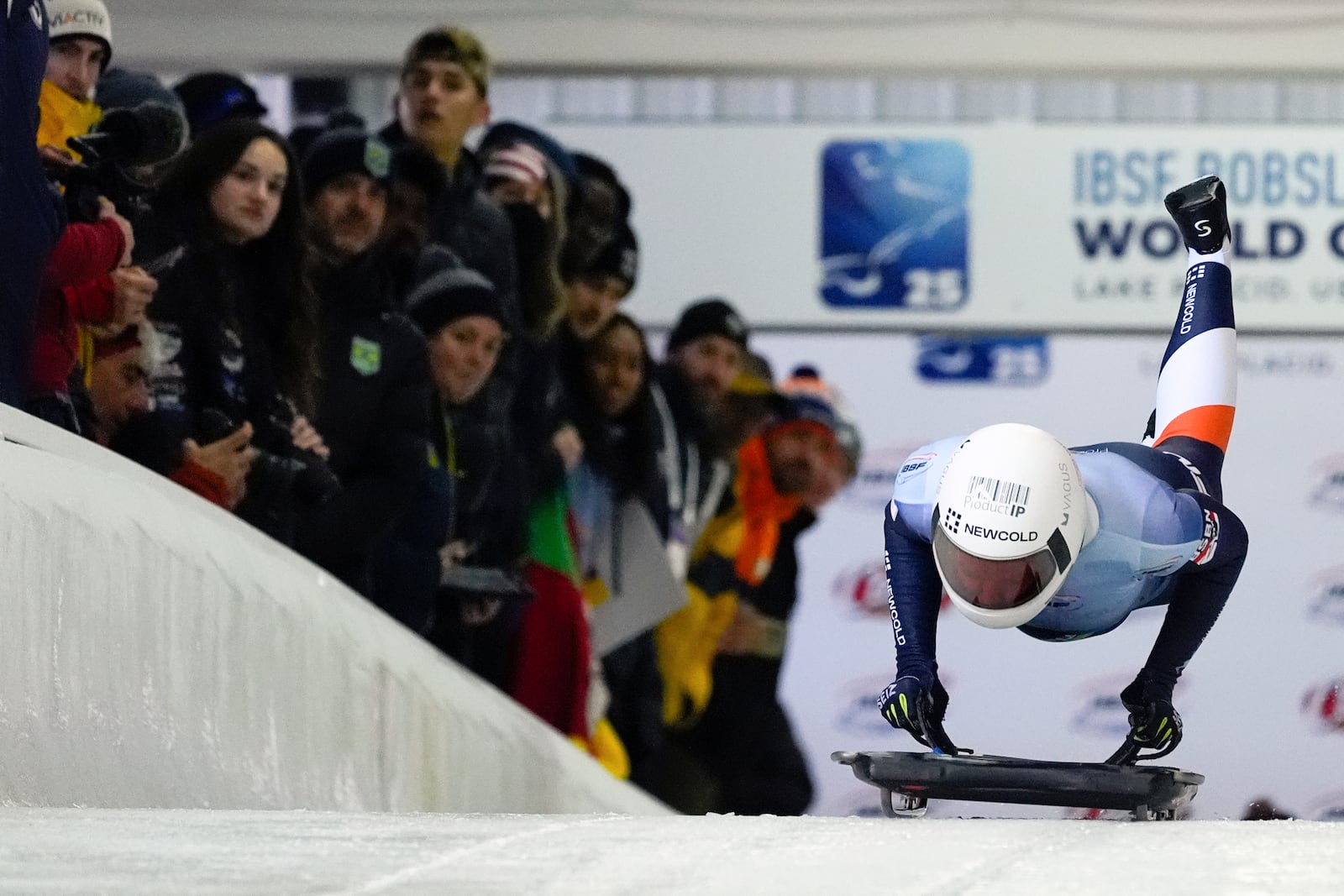 Kimberley Bos, of the Netherlands, slides during her first run at the skeleton world championships, Thursday, March 6, 2025, in Lake Placid, N.Y. (AP Photo/Julia Demaree Nikhinson)