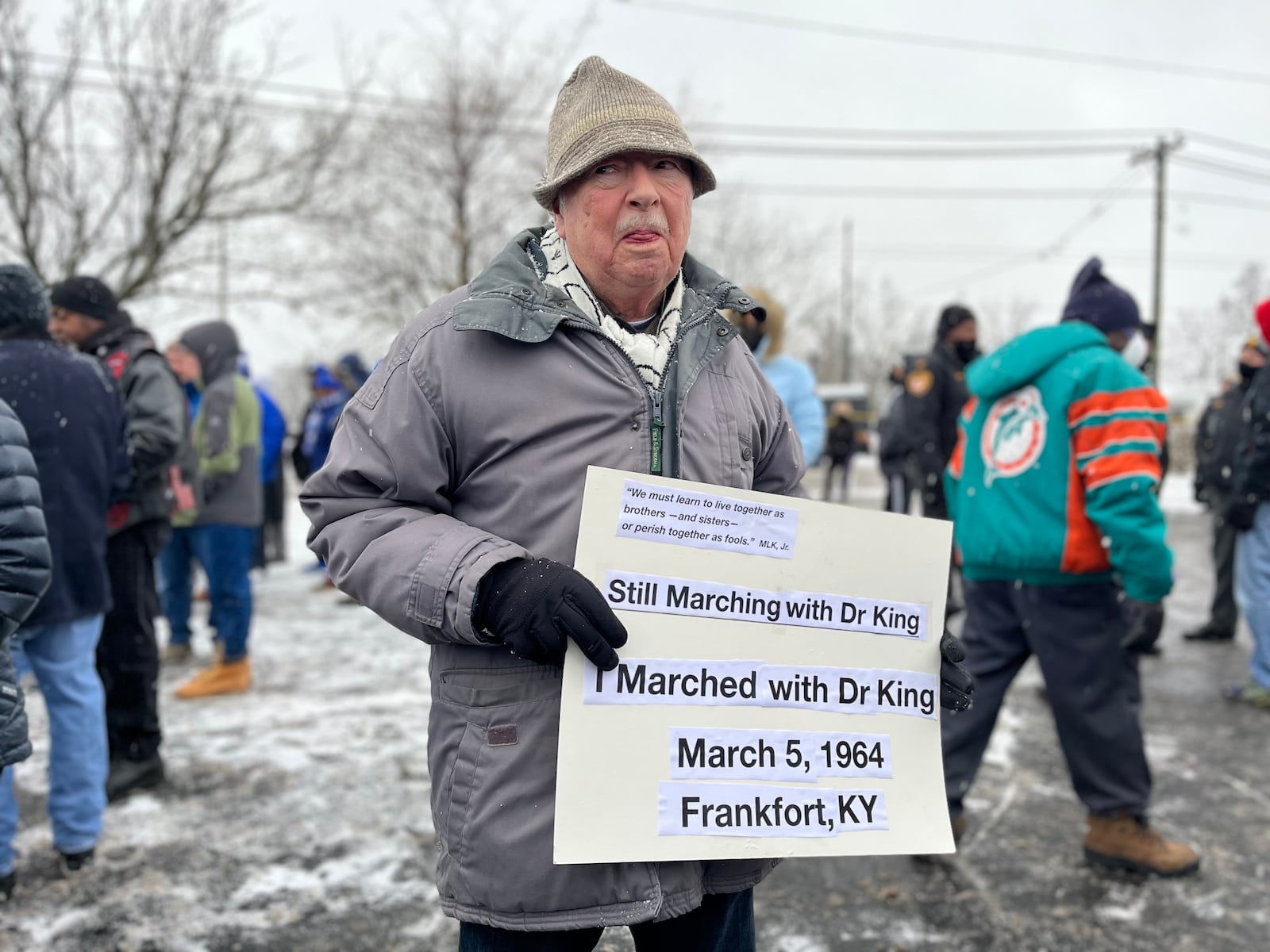 A march to honor Martin Luther King’s legacy began at 9:40 a.m. Jan. 17, 2022 on West Third Street in Dayton. It included hundreds of people who walked through the Wright Dunbar business district, across the new Third Street Bridge and gathered on the Sinclair Community College campus, where there was a presentation featuring several speakers. CORNELIUS FROLIK/STAFF