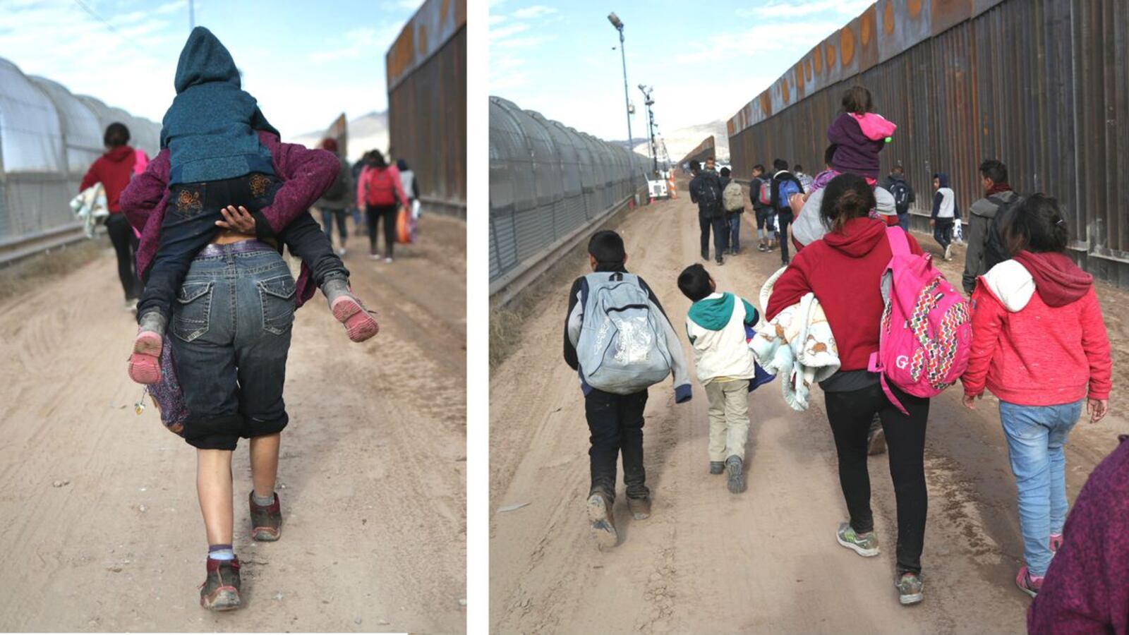 Central American immigrants walk Feb. 1, 2019, between a new bollard-style border fence, right, and the older "legacy" fence after crossing the Rio Grande from Mexico in El Paso, Texas. A pregnant Guatemalan migrant died Tuesday, March 10, 2020, from injuries she suffered when she fell more than 18 feet from the bollard fence as she attempted to cross the border. (John Moore/Getty Images)