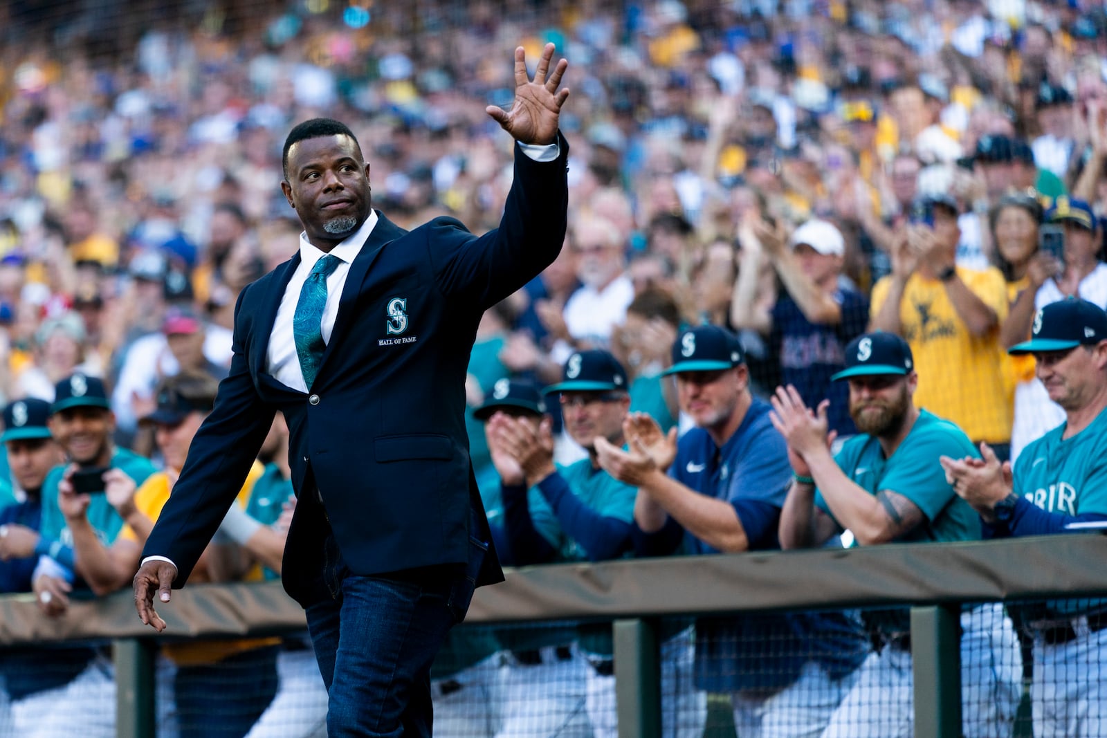 FILE - Former Seattle Mariners player Ken Griffey Jr. arrives during the induction ceremony for former pitcher Félix Hernández into the Mariners Hall of Fame, Aug. 12, 2023, in Seattle. (AP Photo/Lindsey Wasson, File)