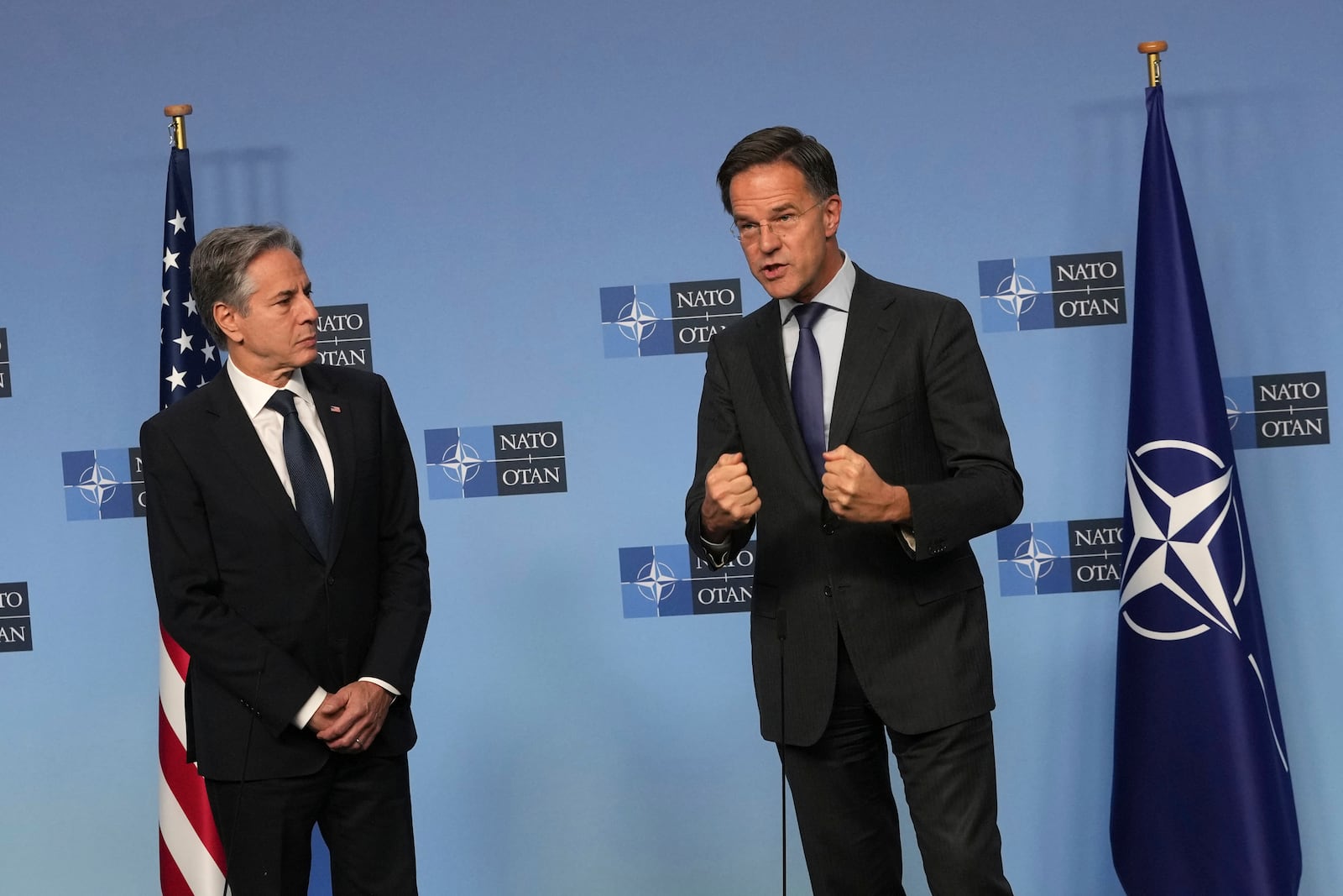 NATO Secretary General Mark Rutte, right, delivers a statement with United States Secretary of State Antony Blinken prior to a meeting at NATO headquarters in Brussels on Wednesday, Nov. 13, 2024. (AP Photo/Virginia Mayo)