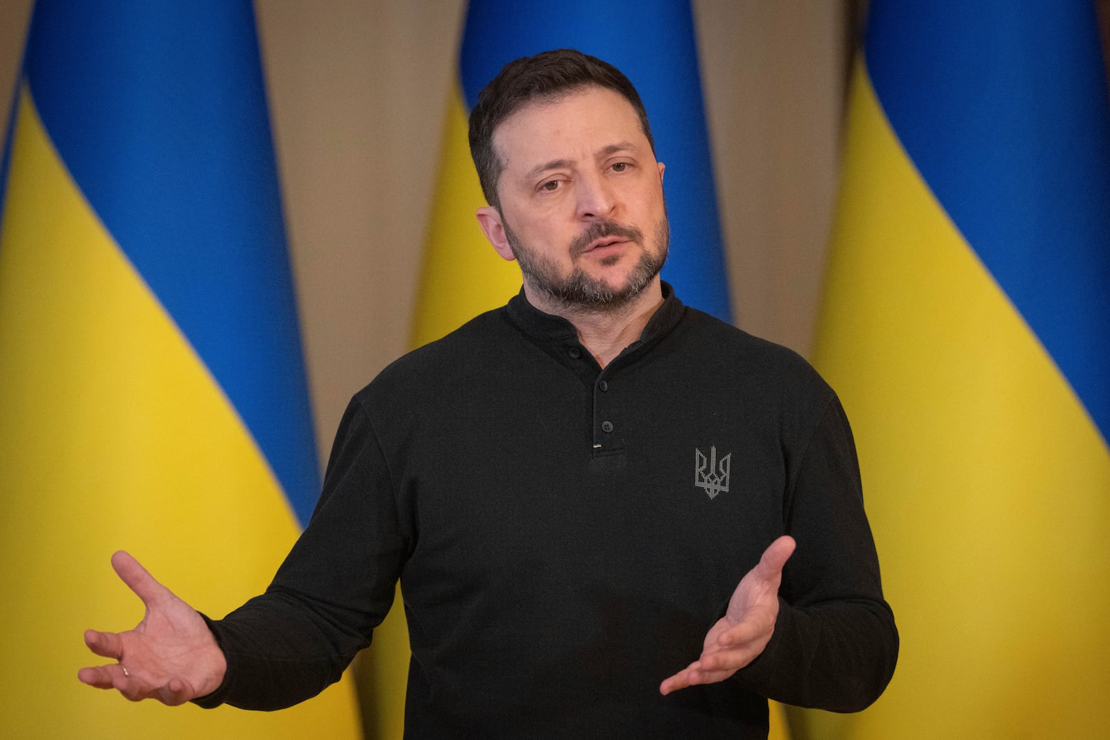 Ukrainian President Volodymyr Zelenskyy speaks during the briefing in Kyiv, Ukraine, Wednesday, March 12, 2025. (AP Photo/Efrem Lukatsky)