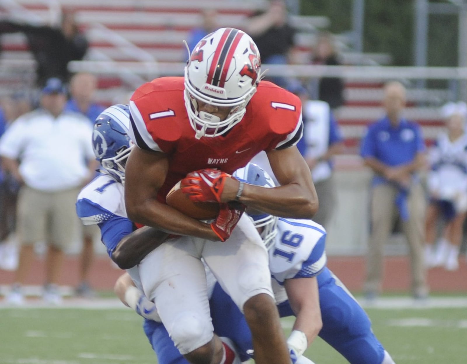 Wayne’s L’Christian “Blue” Smith had three catches for 38 yards and scored once. Wayne defeated visiting Miamisburg 56-28 in a Week 4 GWOC crossover high school football game on Friday, Sept. 15, 2017. MARC PENDLETON / STAFF