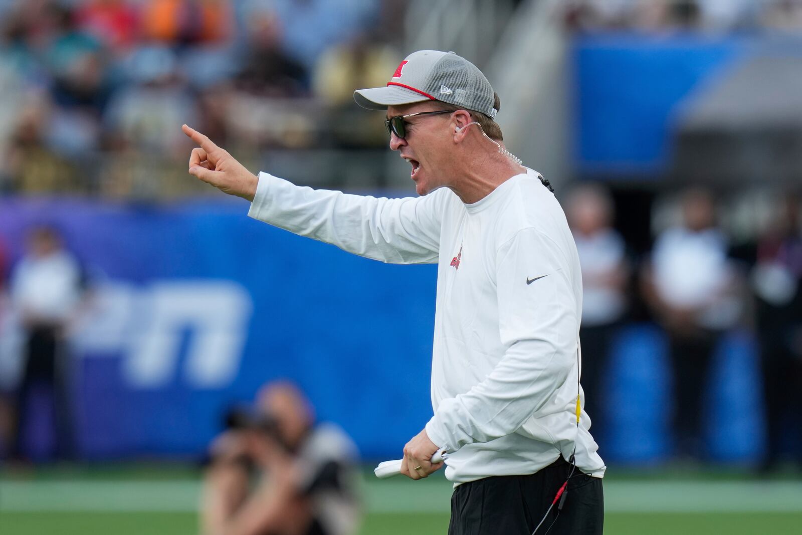 AFC coach Peyton Manning reacts during the flag football event at the NFL Pro Bowl, Sunday, Feb. 2, 2025, in Orlando. (AP Photo/Chris O'Meara)