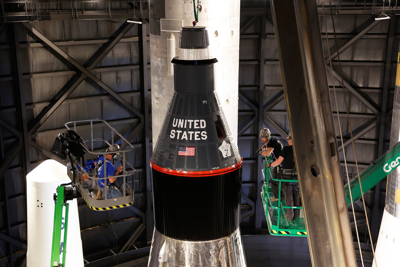  Restoration specialists at the National Museum of the U.S. Air Force installed an LV-3B/SM-65D Atlas rocket inside the museum's Missile Gallery on 29 April, 2024 after a three year restoration of the Atlas that was built as the first U.S. nuclear intercontinental ballistic missile.(ICBM) The rocket on display represents the launch vehicIe for U.S. Air Force Maj Gordon Cooper's Mercury-Atlas 0 misson on May 15-16, 1963. (U.S. Air Force photo by Ty Greenlees)