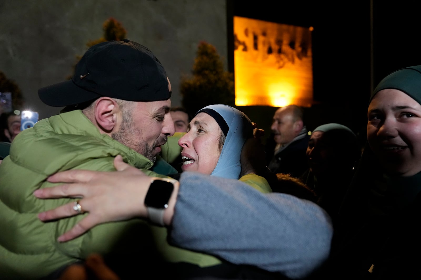 Palestinian prisoners are greeted after being released from Israeli prison following a ceasefire agreement between Israel and Hamas, in the West Bank city of Ramallah, Thursday, Feb. 27, 2025. (AP Photo/Nasser Nasser)